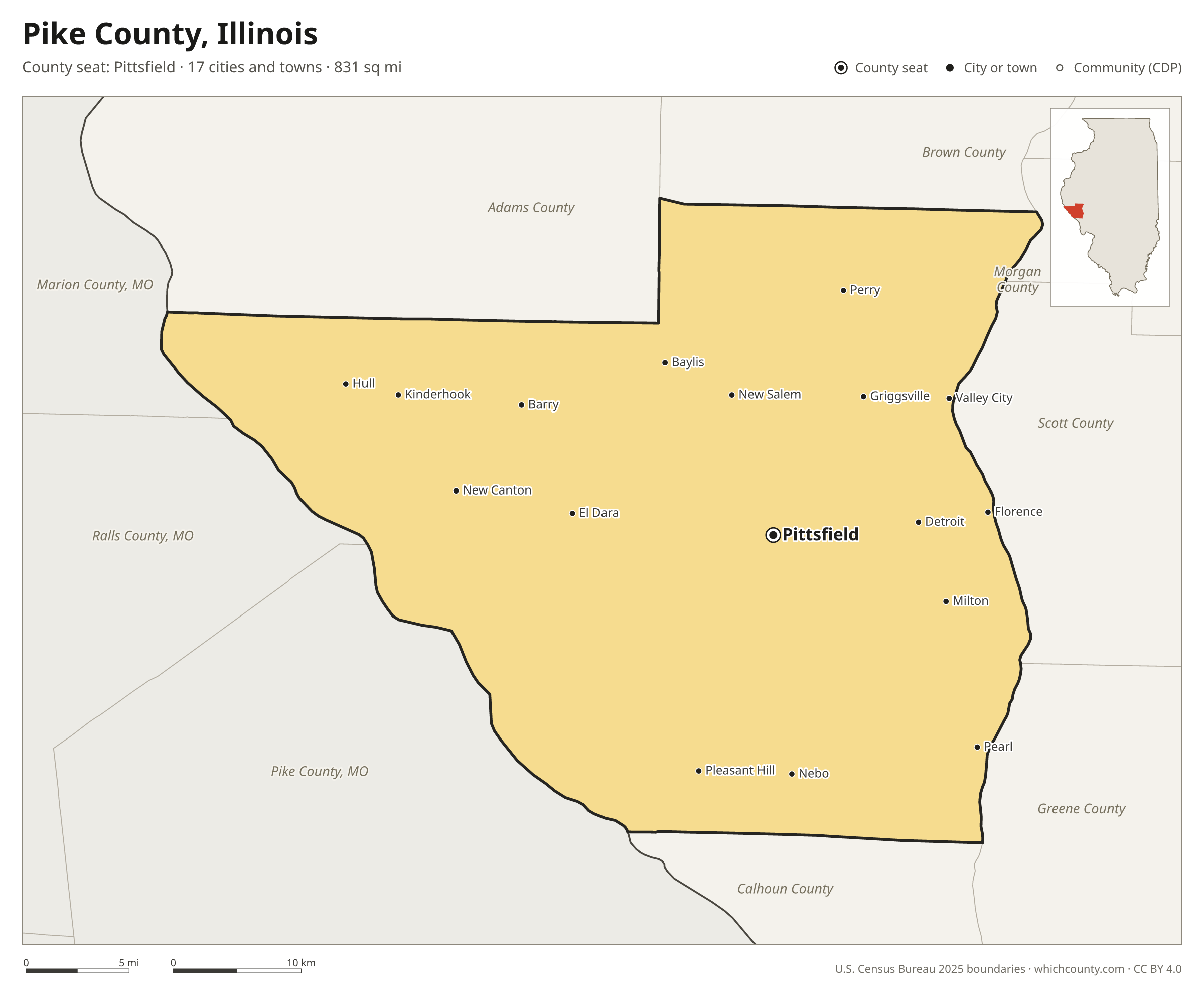 Map of Pike County, Illinois with cities, towns and the county boundary