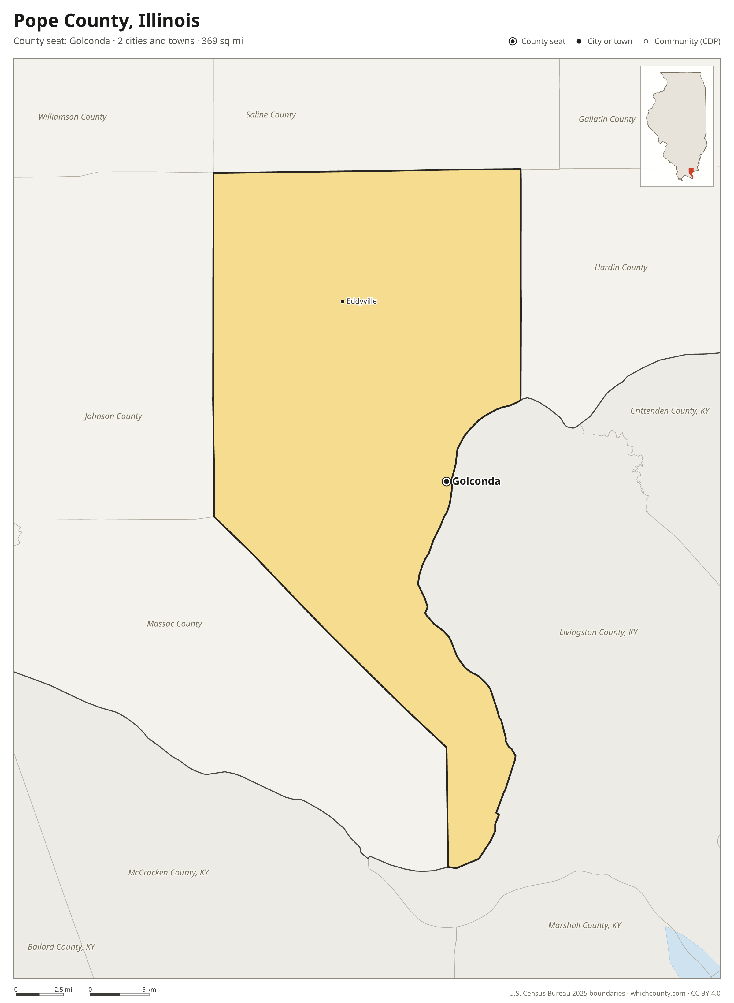 Map of Pope County, Illinois with cities, towns and the county boundary