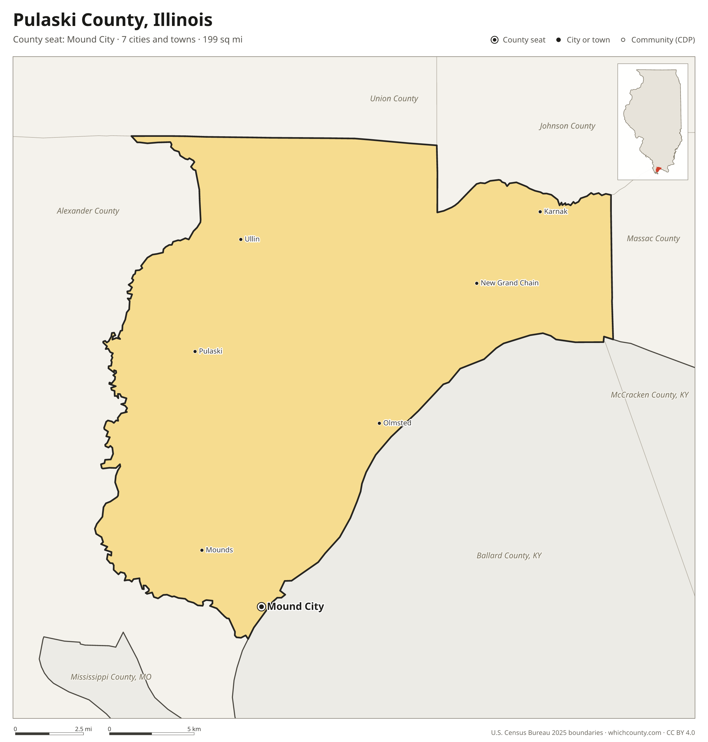 Map of Pulaski County, Illinois with cities, towns and the county boundary