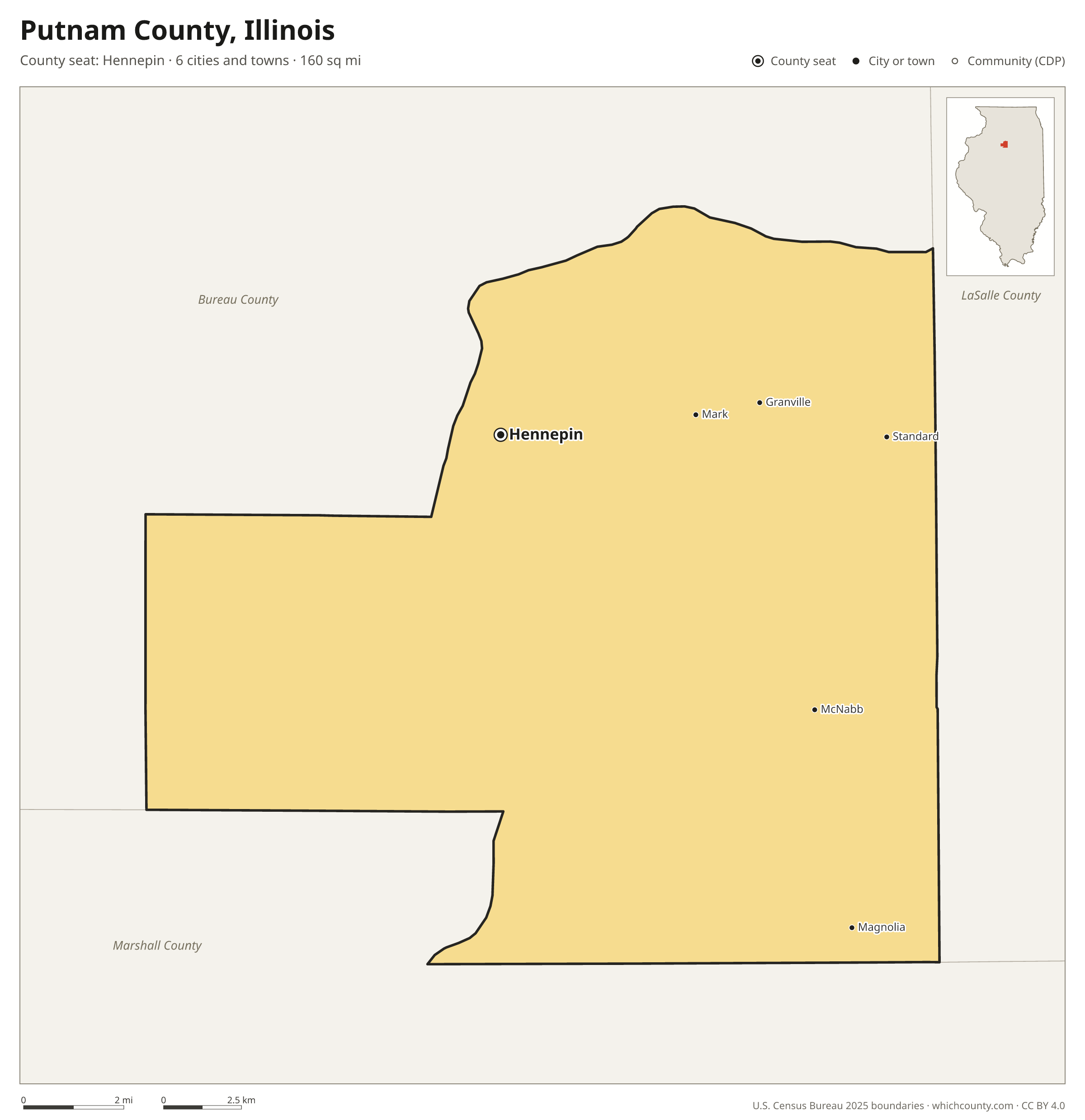 Map of Putnam County, Illinois with cities, towns and the county boundary