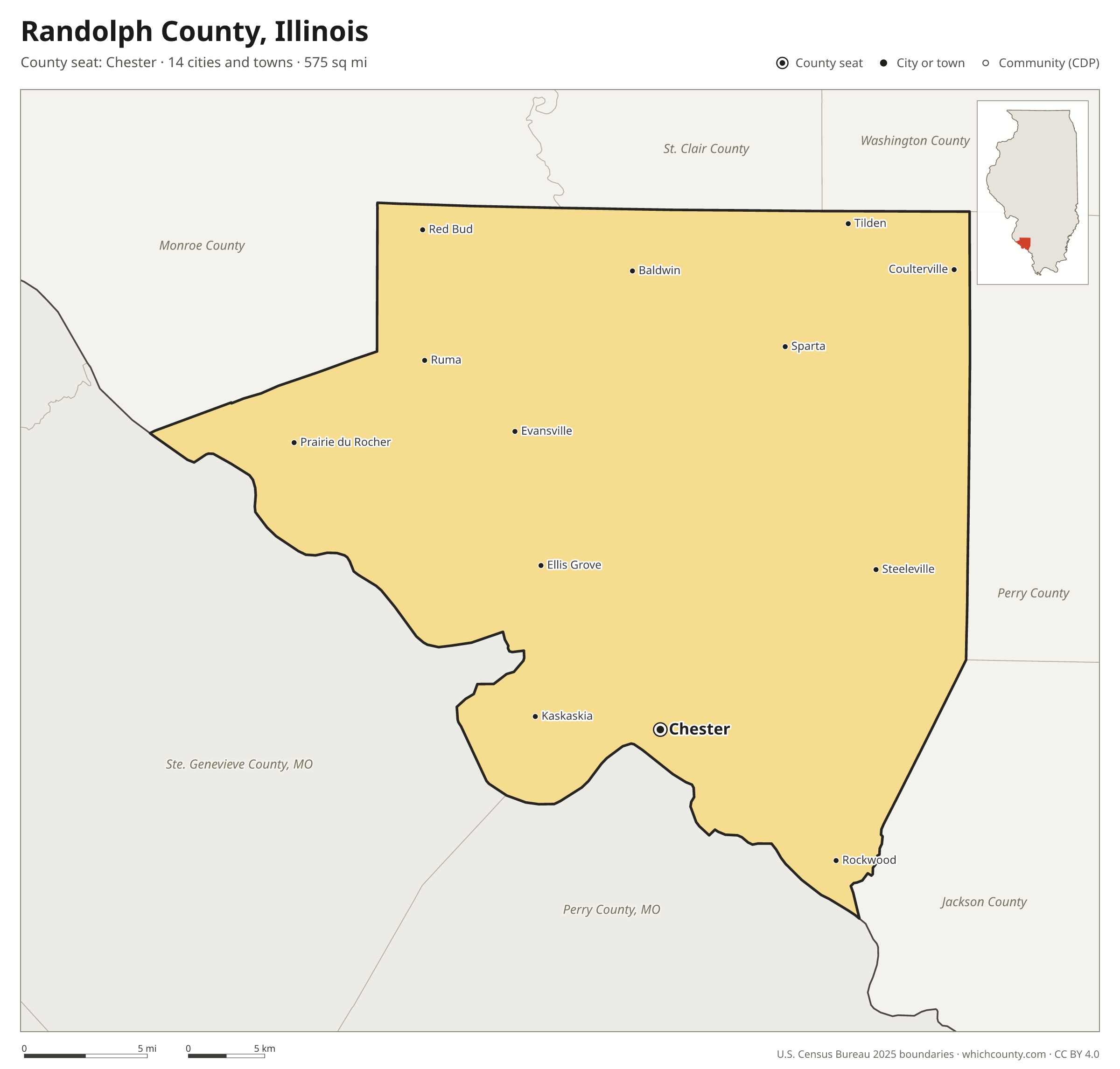 Map of Randolph County, Illinois with cities, towns and the county boundary