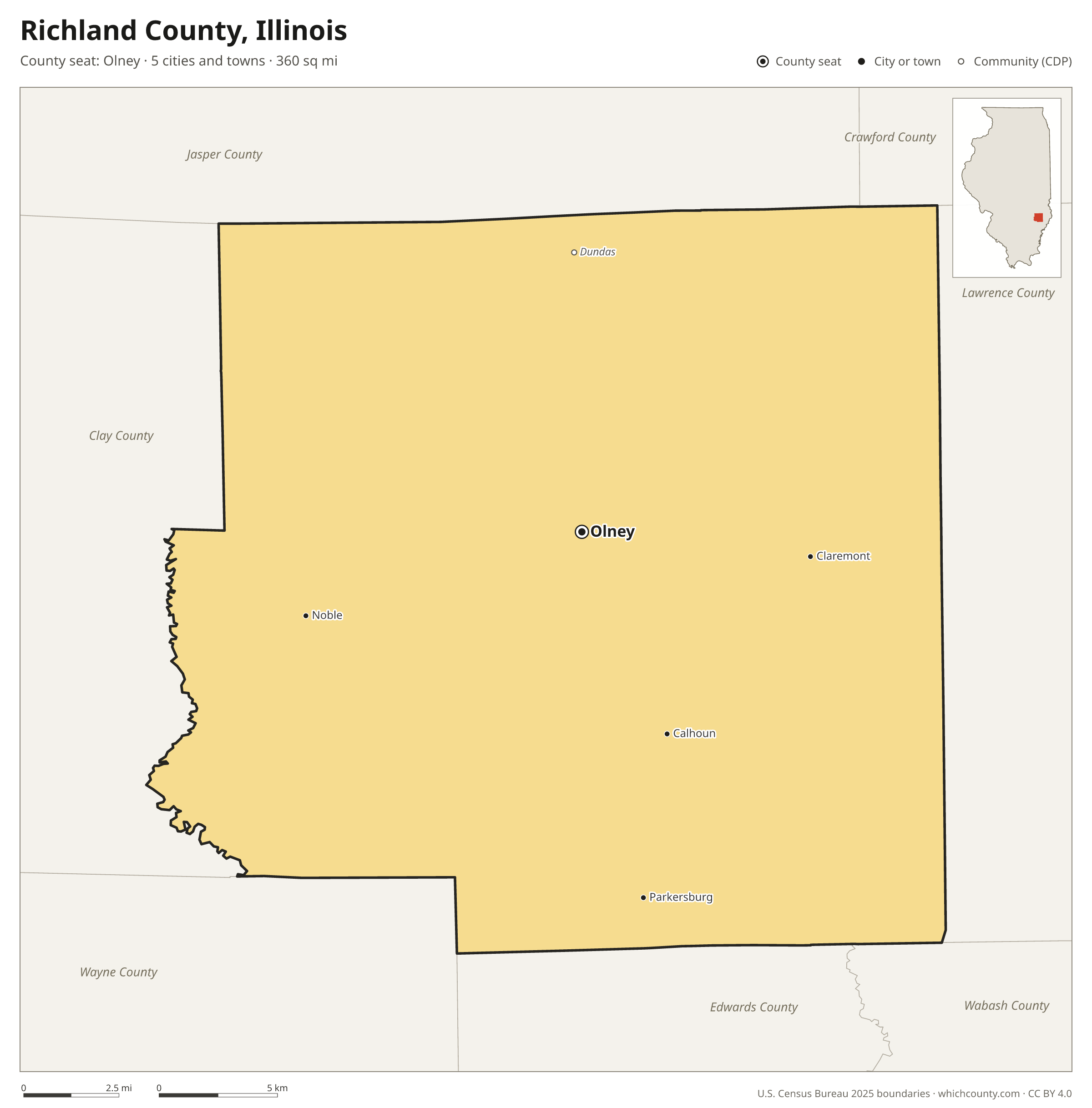 Map of Richland County, Illinois with cities, towns and the county boundary