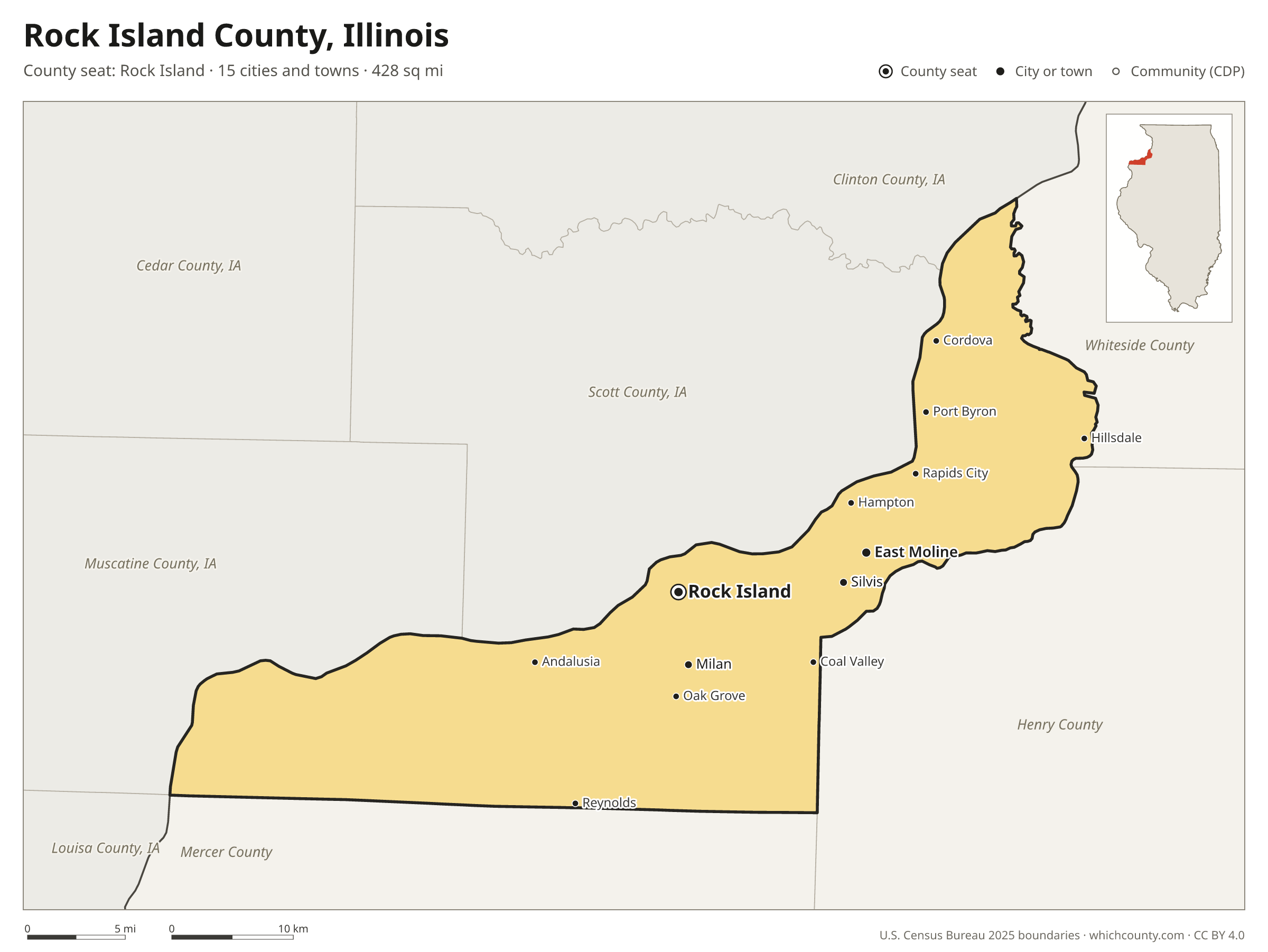 Map of Rock Island County, Illinois with cities, towns and the county boundary
