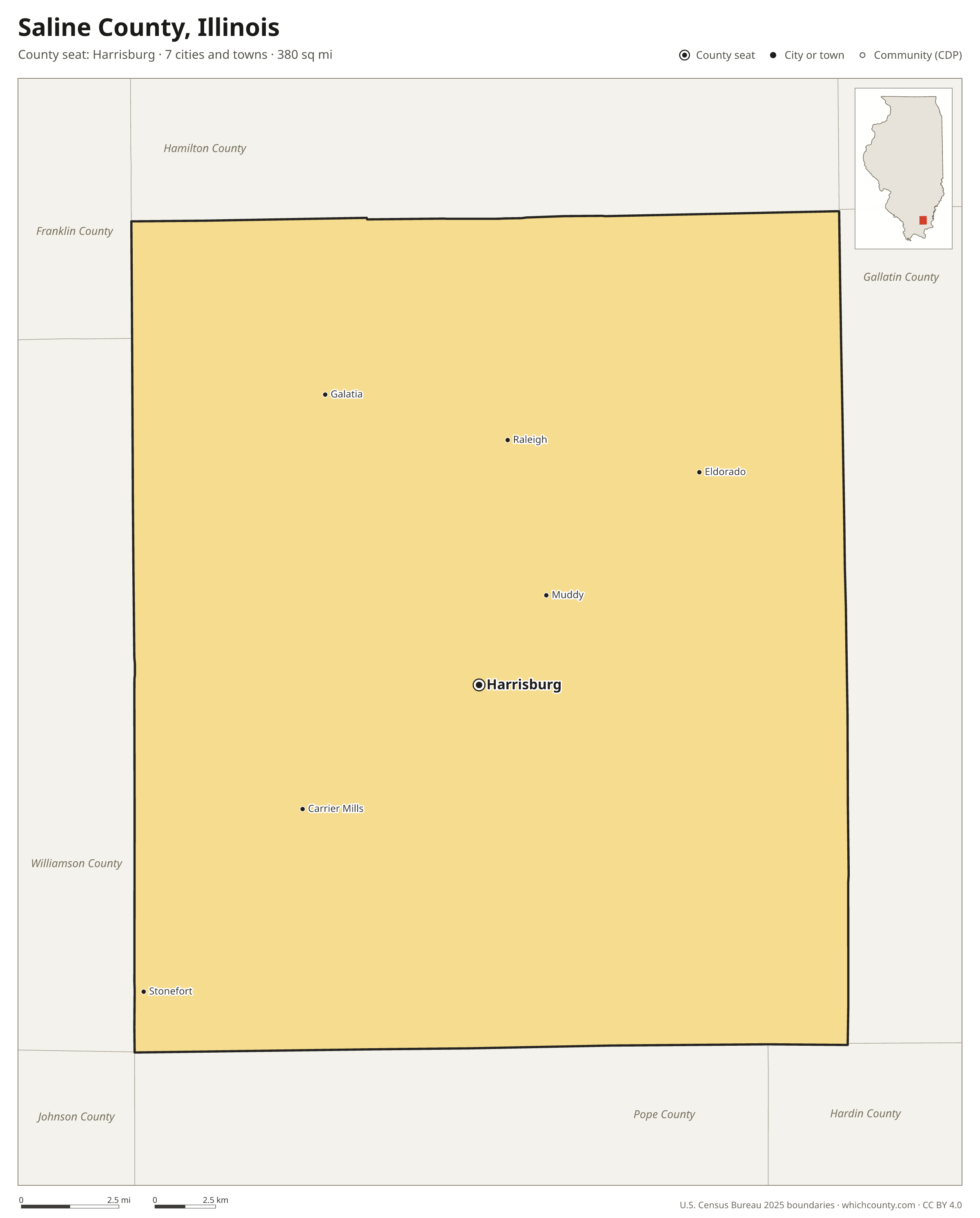 Map of Saline County, Illinois with cities, towns and the county boundary