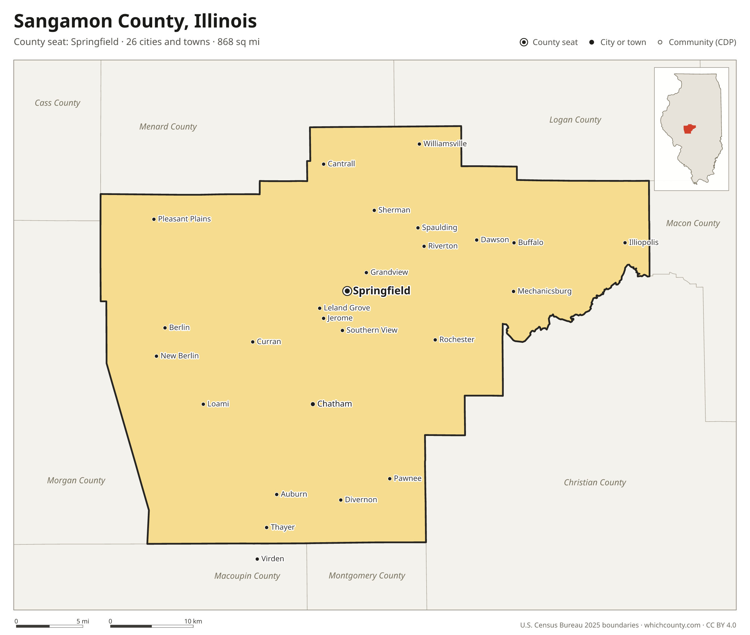 Map of Sangamon County, Illinois with cities, towns and the county boundary