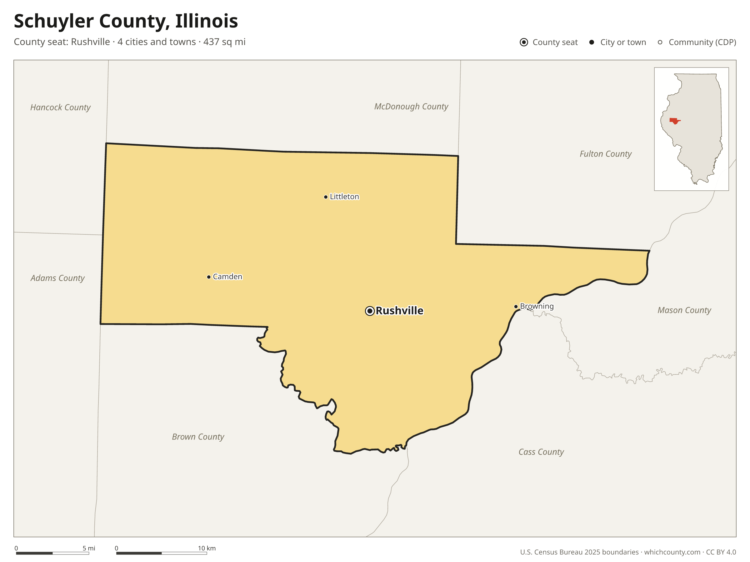 Map of Schuyler County, Illinois with cities, towns and the county boundary