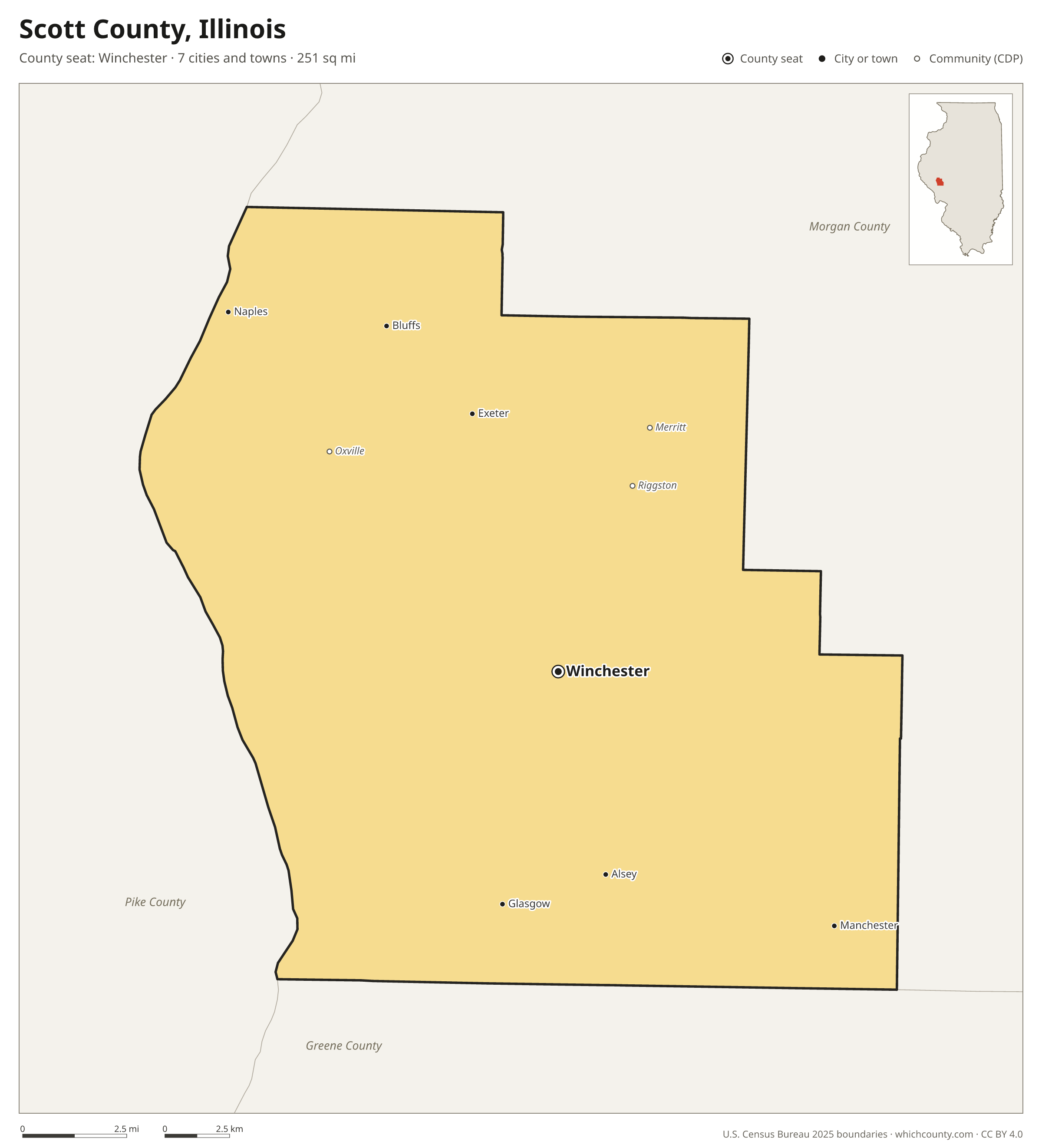 Map of Scott County, Illinois with cities, towns and the county boundary