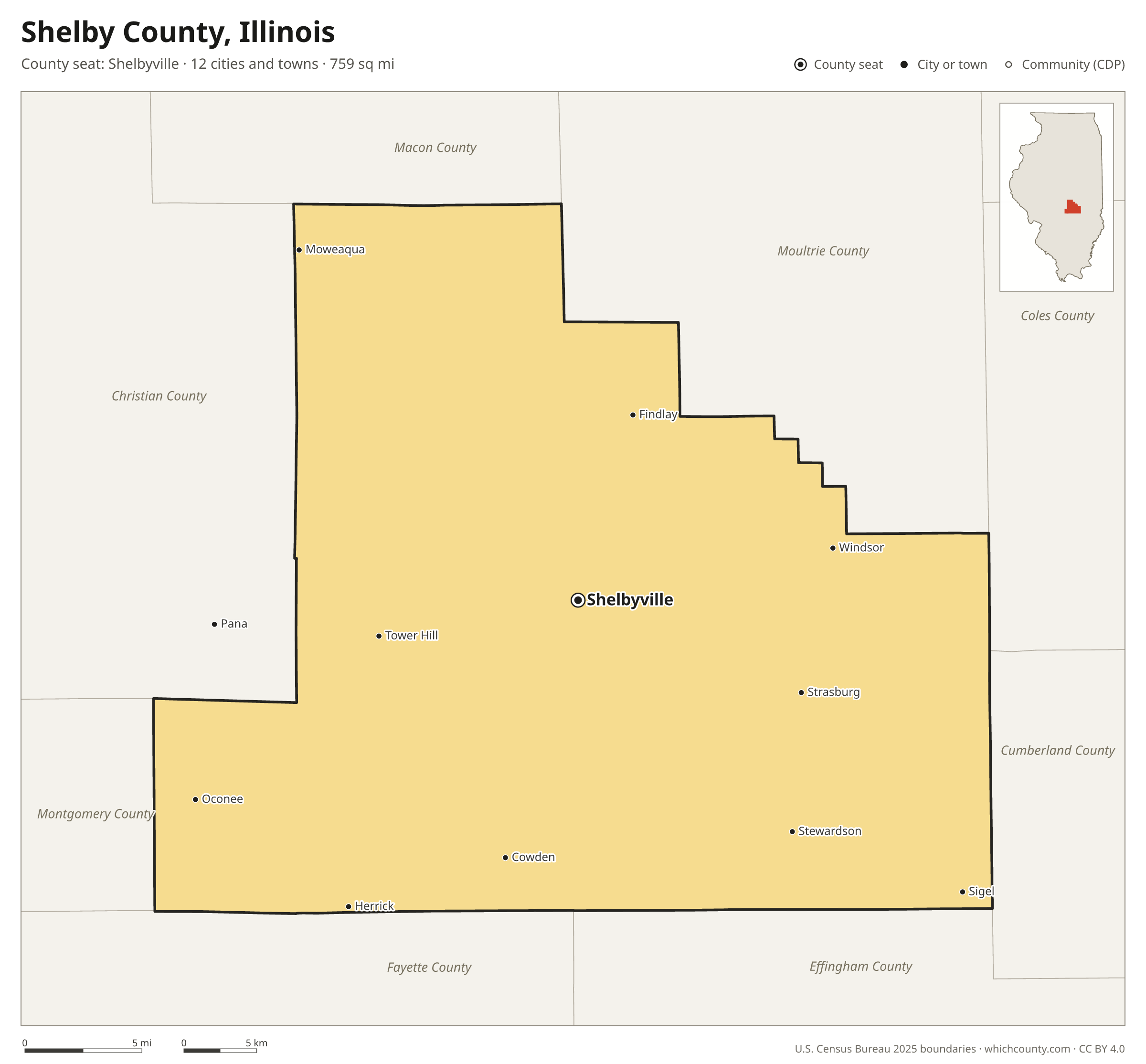 Map of Shelby County, Illinois with cities, towns and the county boundary