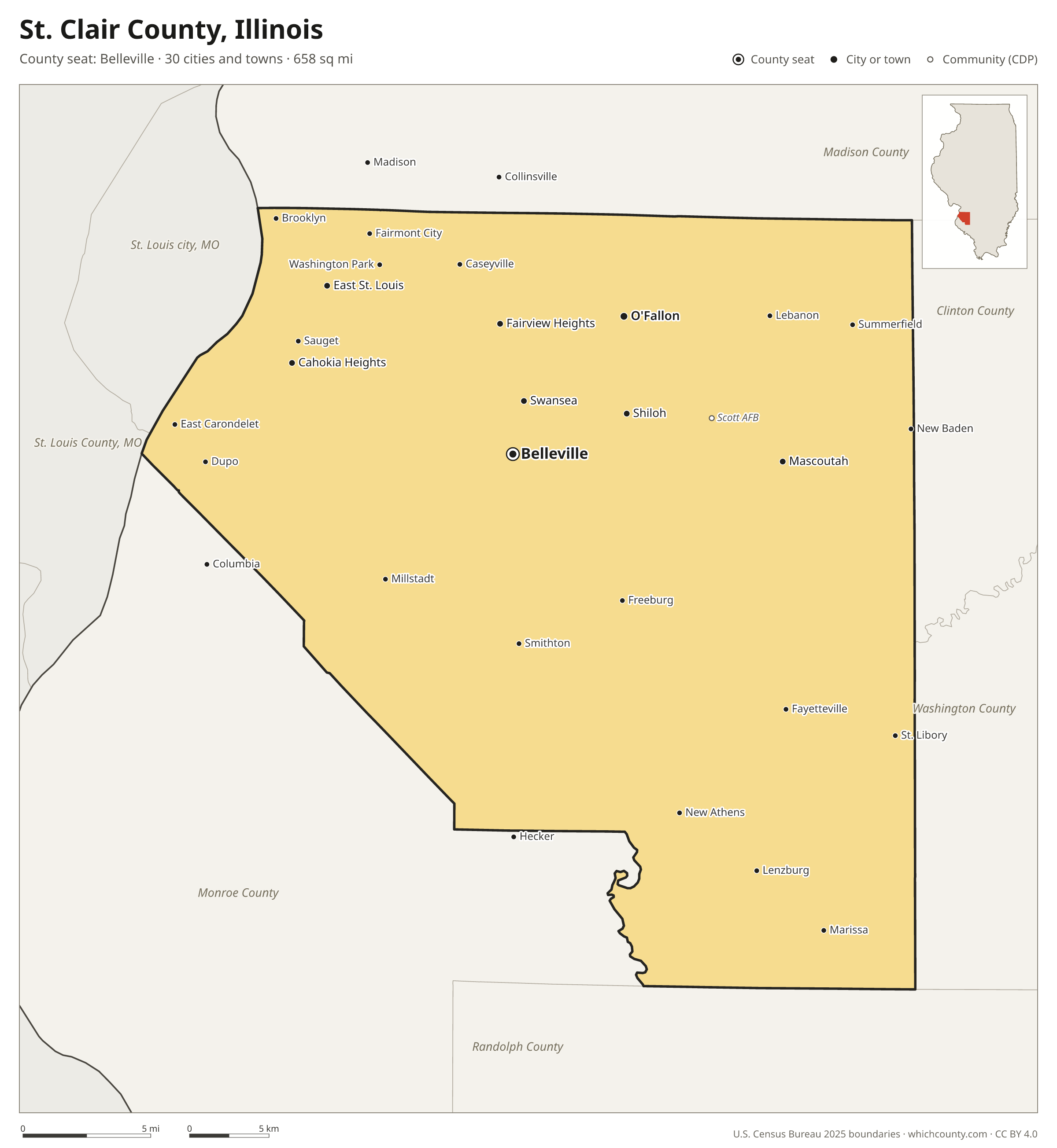 Map of St. Clair County, Illinois with cities, towns and the county boundary