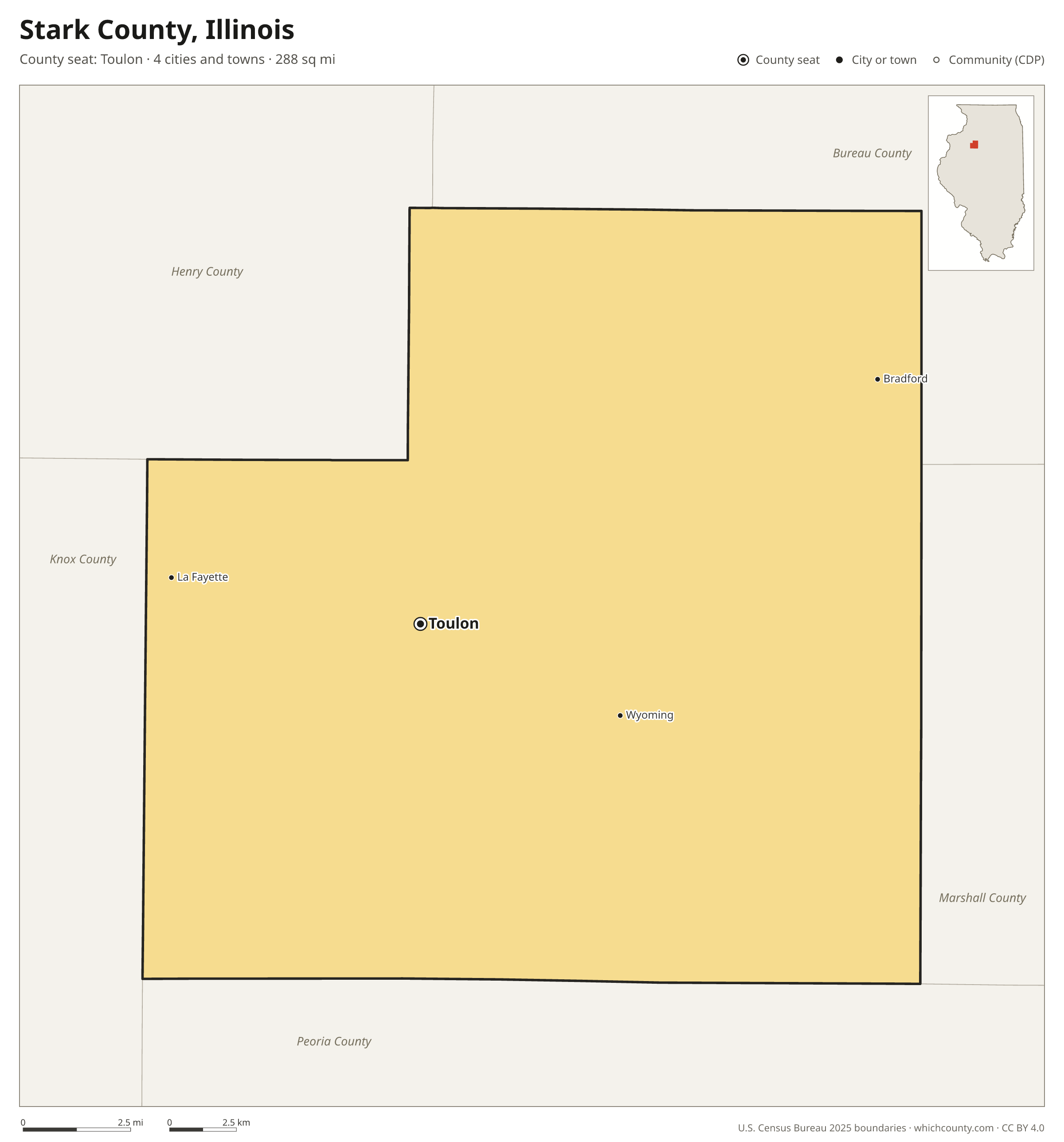 Map of Stark County, Illinois with cities, towns and the county boundary
