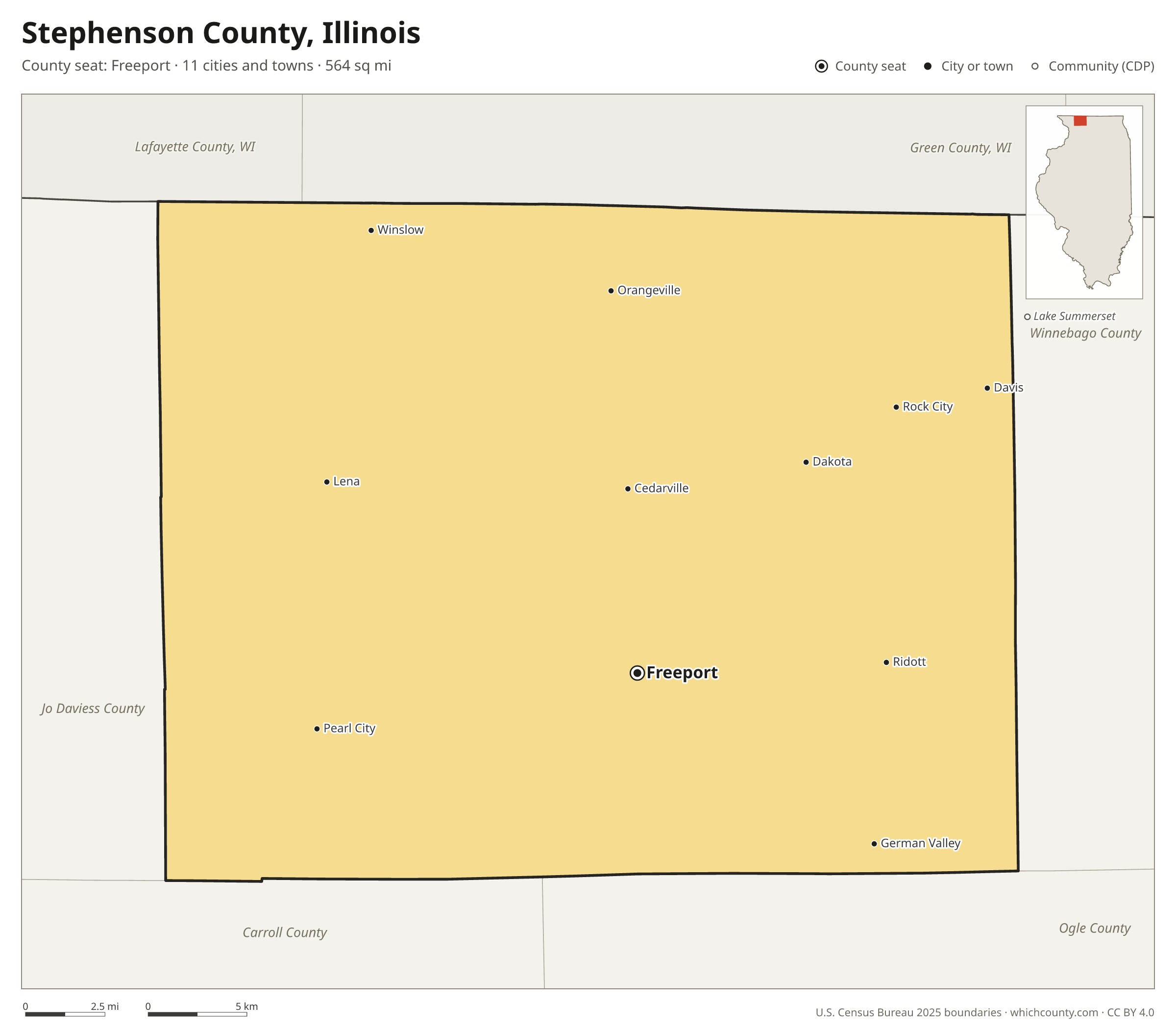 Map of Stephenson County, Illinois with cities, towns and the county boundary