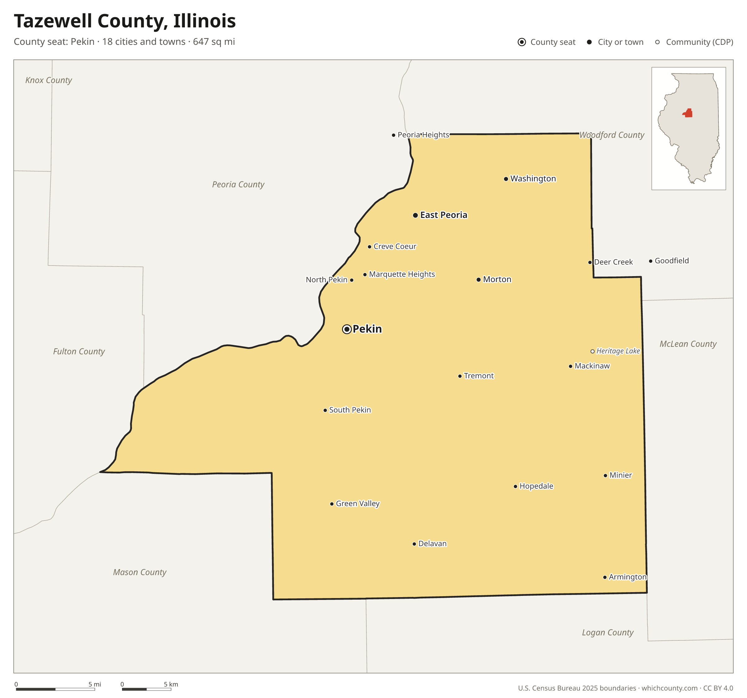 Map of Tazewell County, Illinois with cities, towns and the county boundary