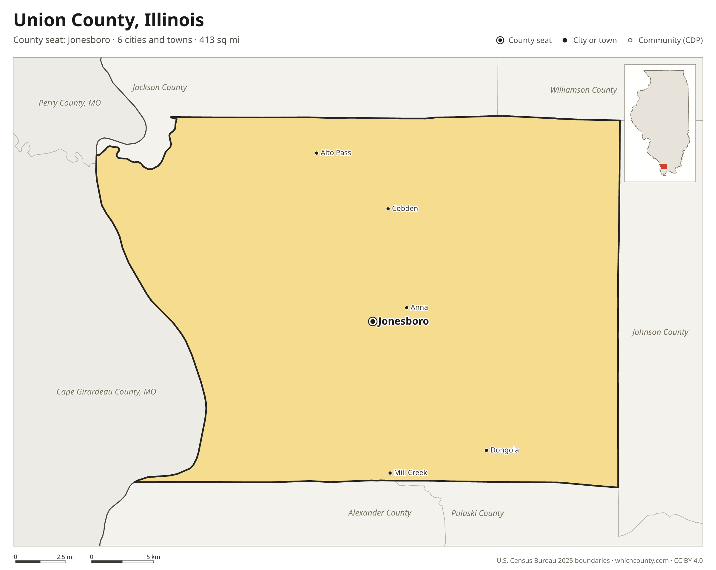 Map of Union County, Illinois with cities, towns and the county boundary