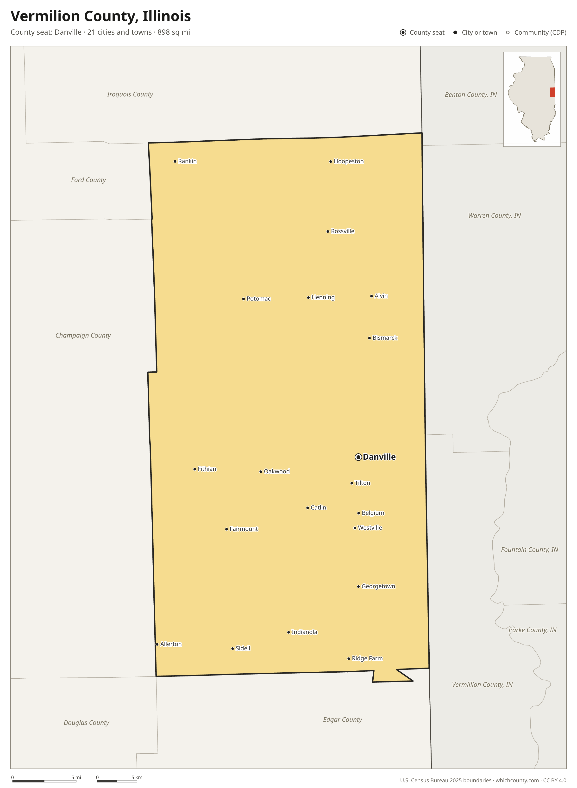 Map of Vermilion County, Illinois with cities, towns and the county boundary