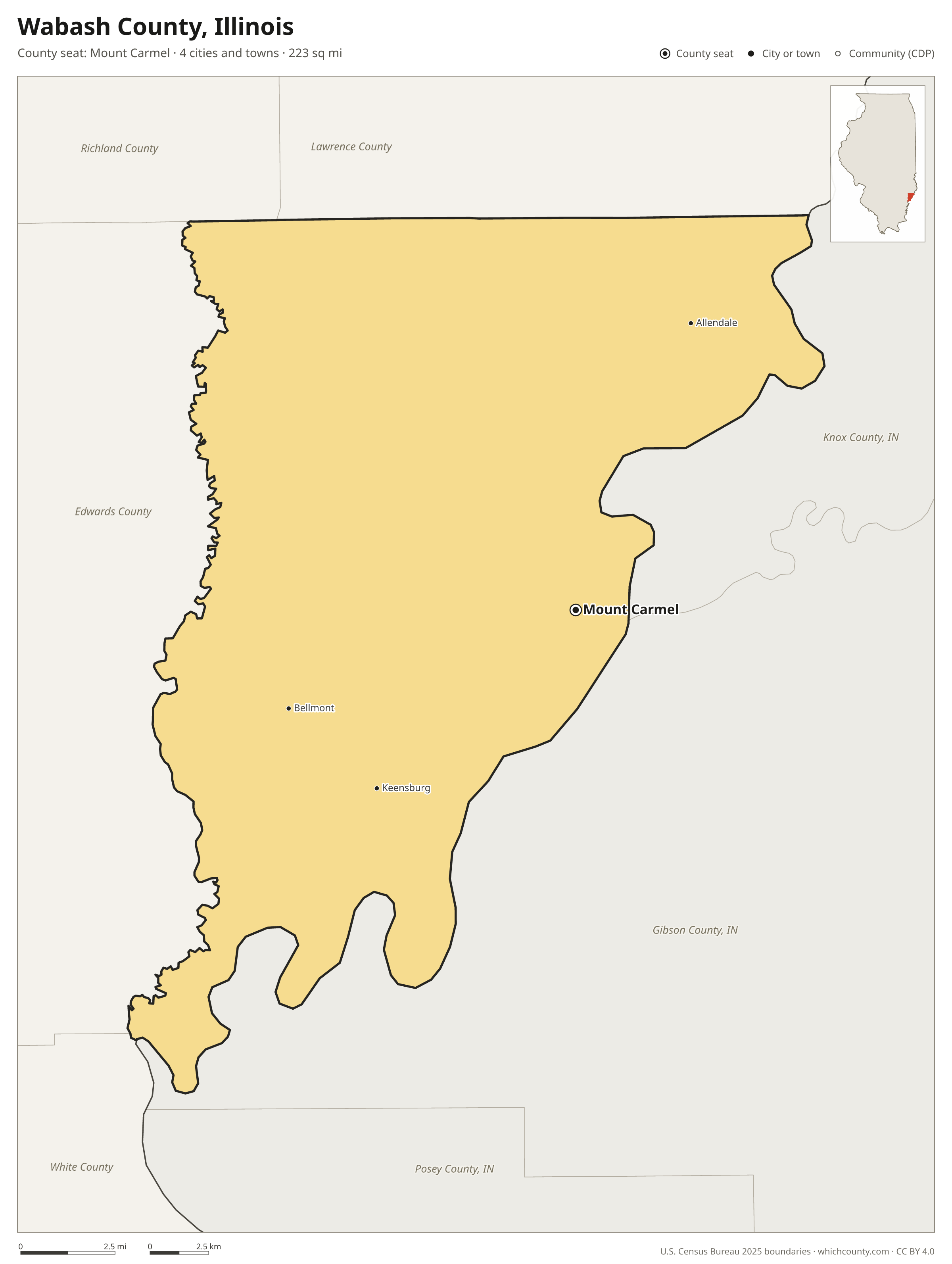Map of Wabash County, Illinois with cities, towns and the county boundary