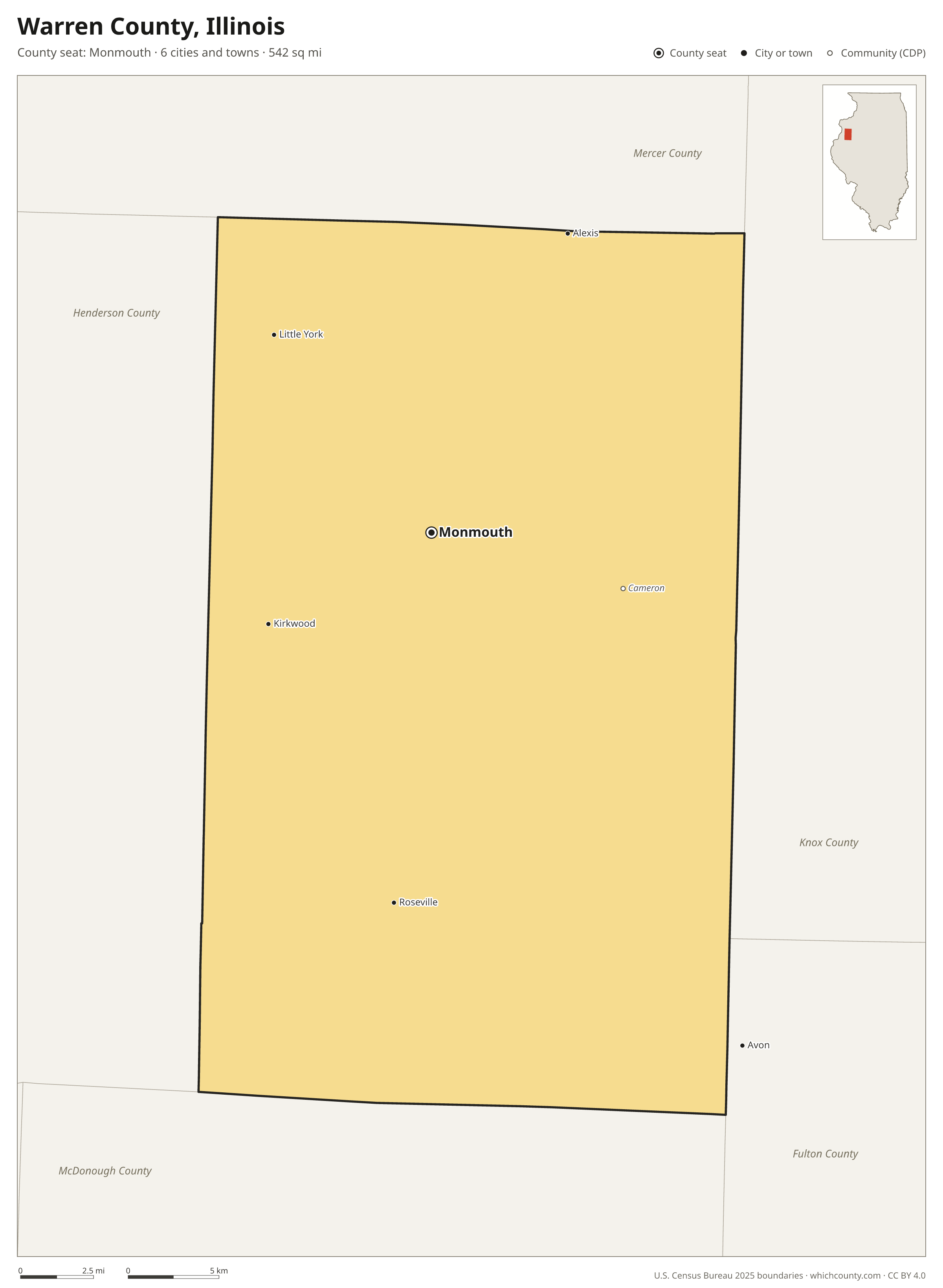 Map of Warren County, Illinois with cities, towns and the county boundary