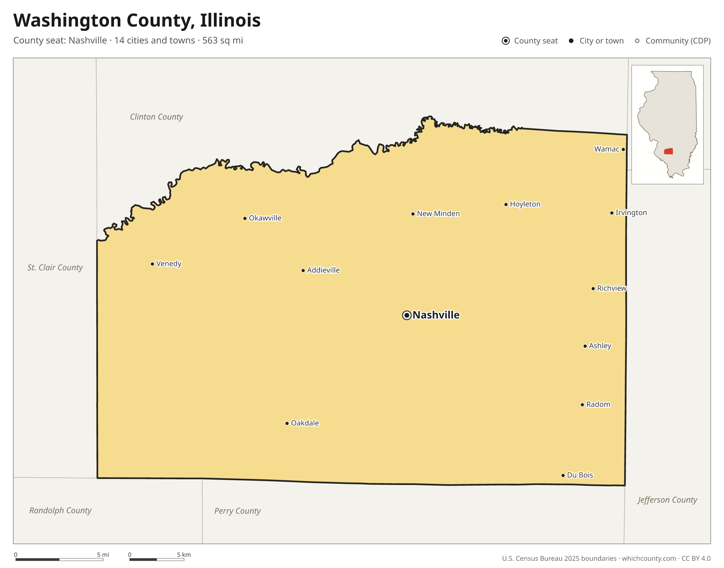 Map of Washington County, Illinois with cities, towns and the county boundary