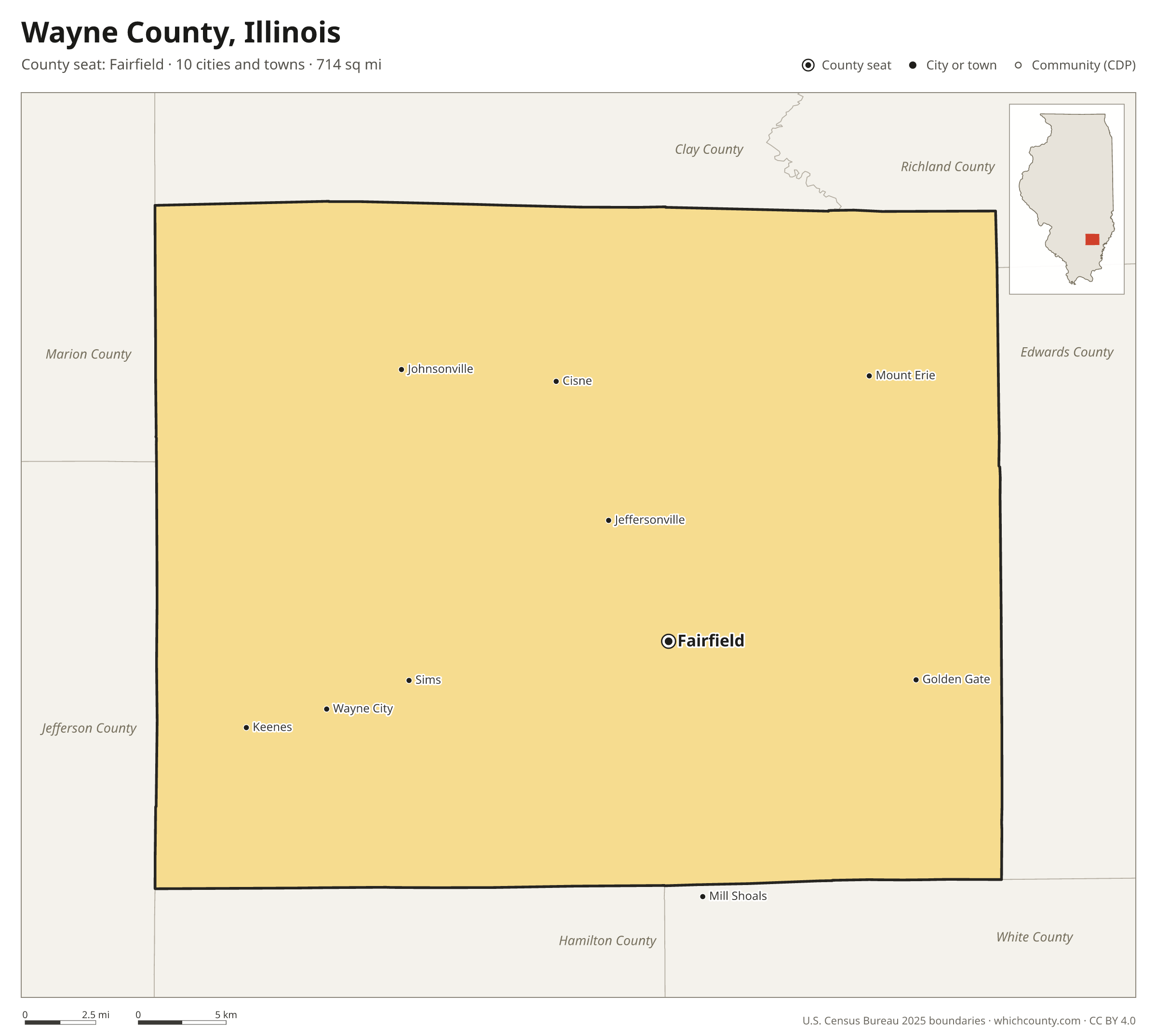 Map of Wayne County, Illinois with cities, towns and the county boundary