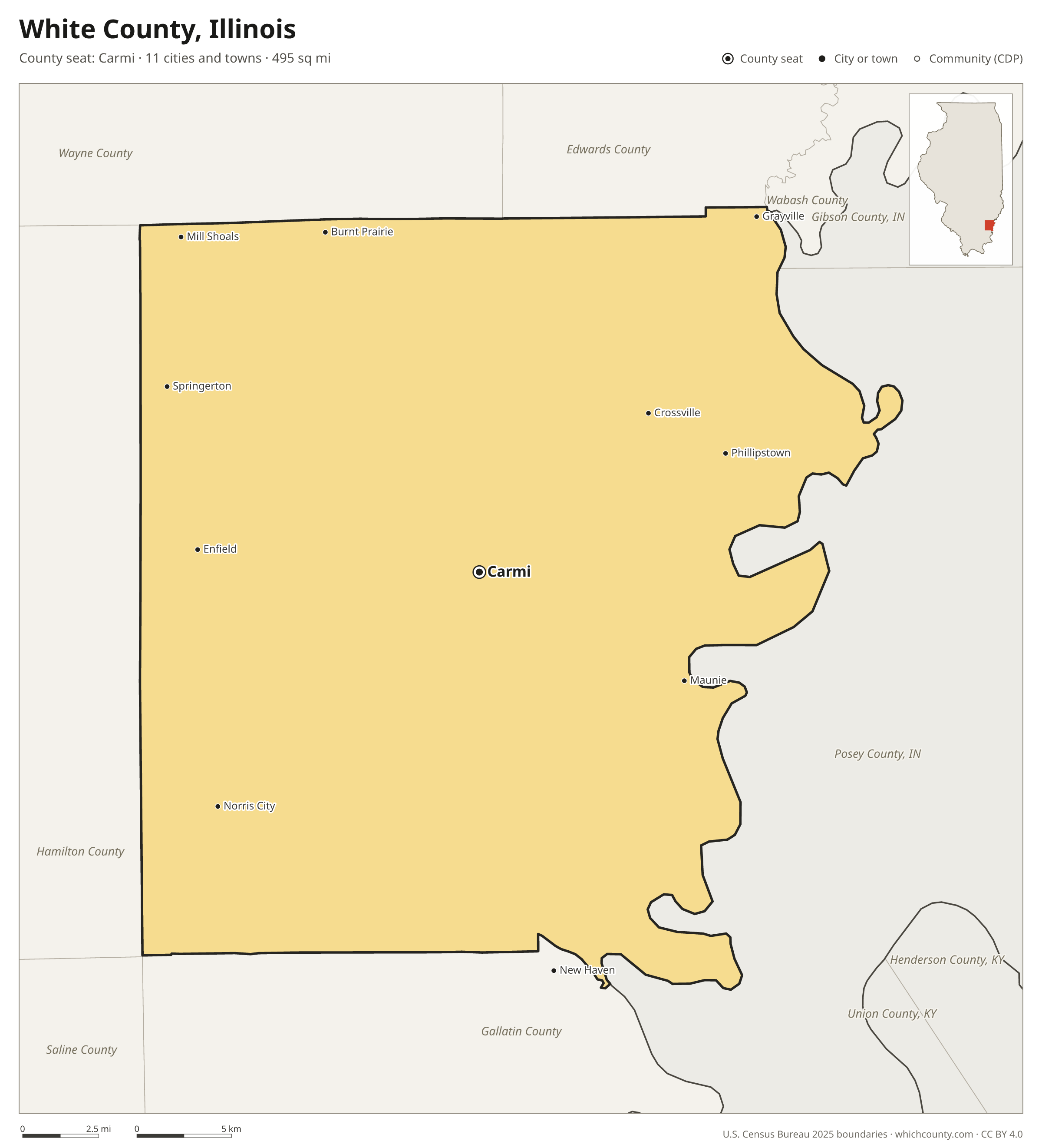 Map of White County, Illinois with cities, towns and the county boundary