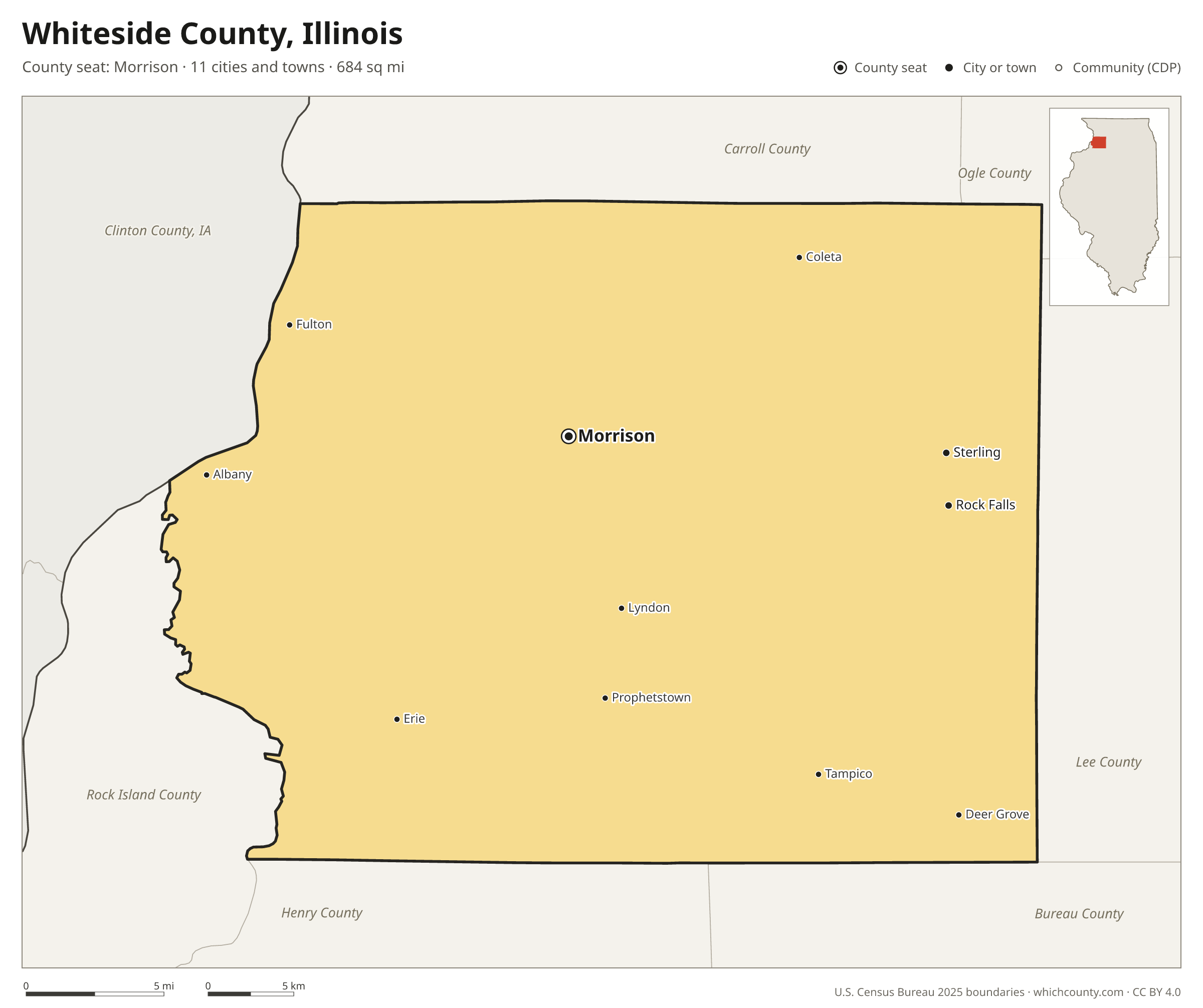 Map of Whiteside County, Illinois with cities, towns and the county boundary