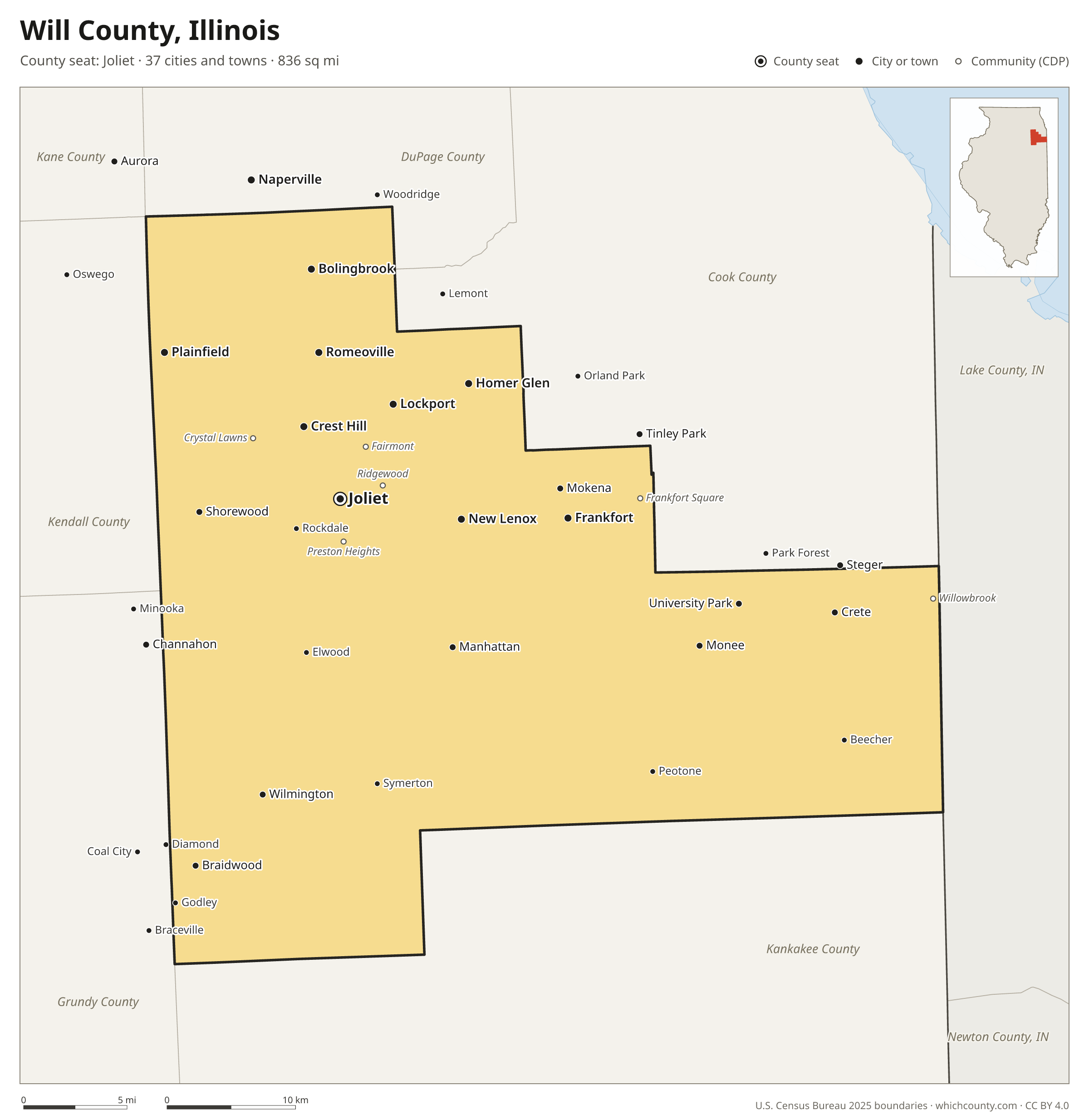 Map of Will County, Illinois with cities, towns and the county boundary