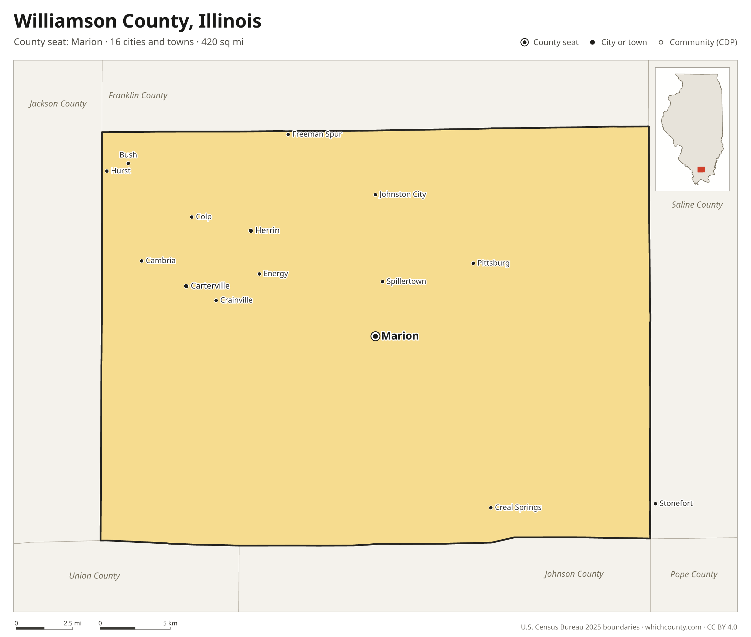 Map of Williamson County, Illinois with cities, towns and the county boundary