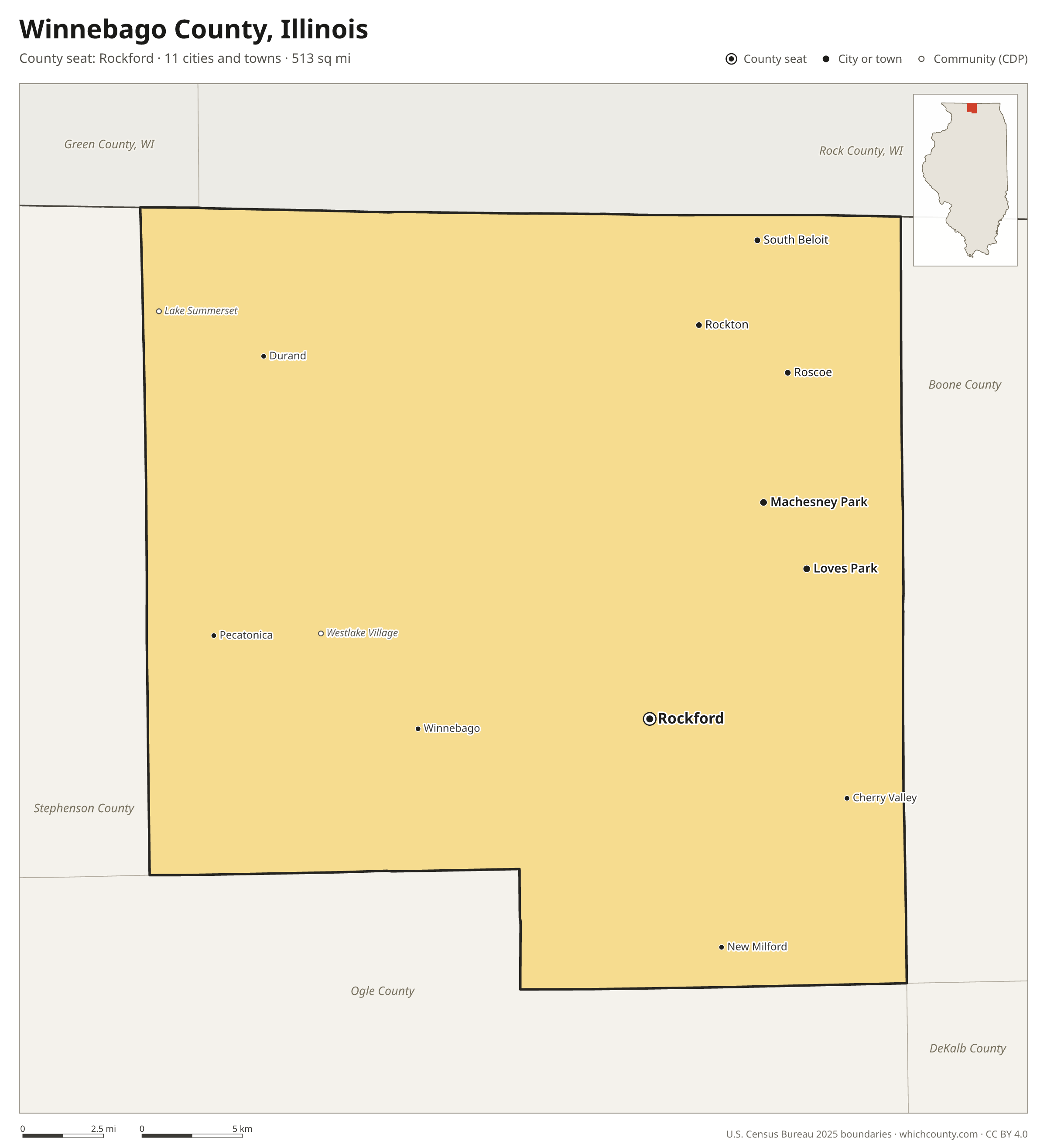 Map of Winnebago County, Illinois with cities, towns and the county boundary