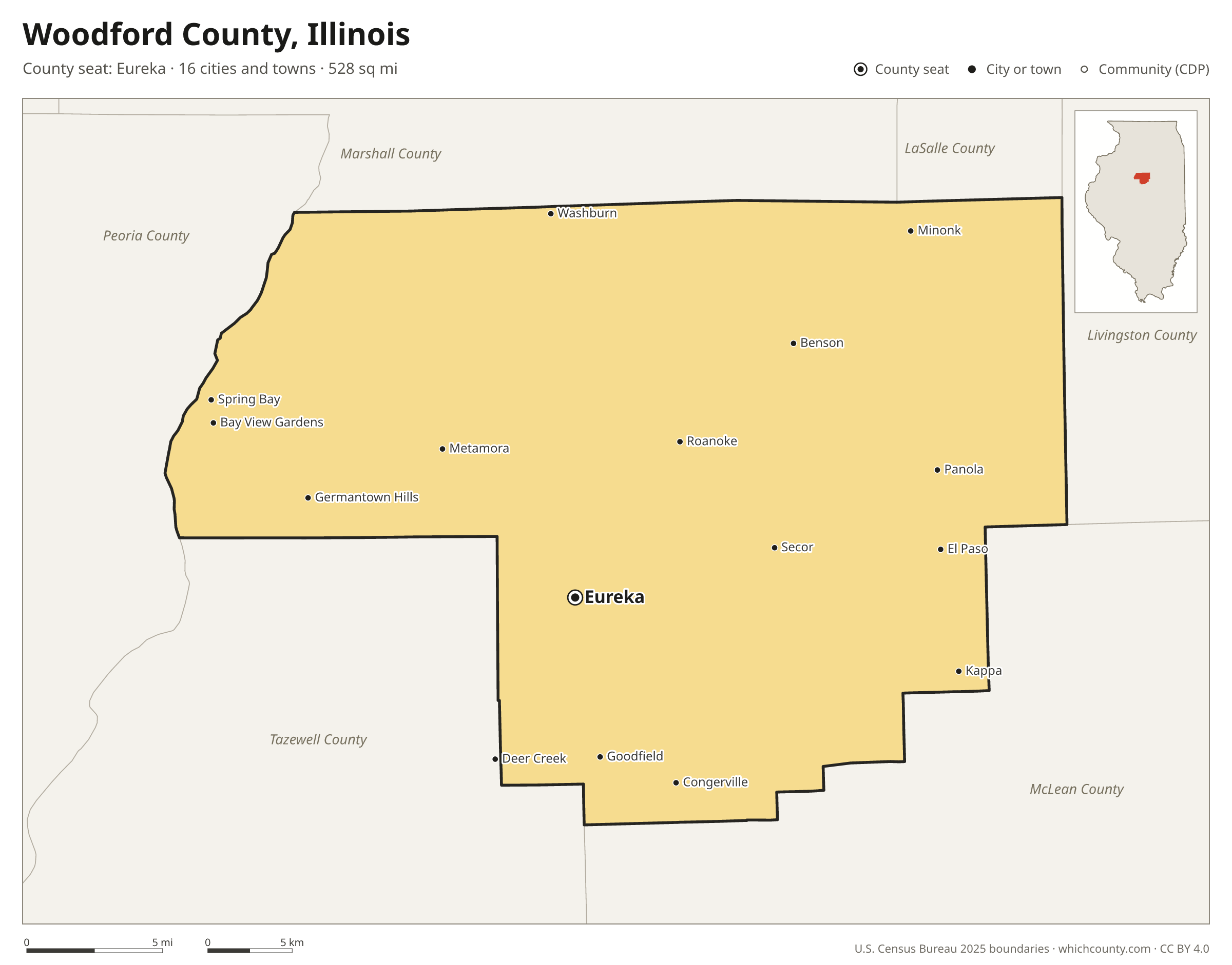 Map of Woodford County, Illinois with cities, towns and the county boundary
