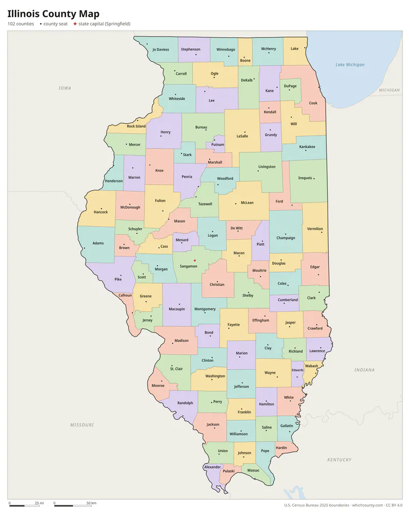 Illinois county map with all 102 counties labeled
