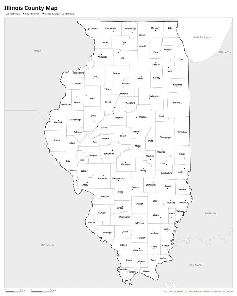 Black and white Illinois county map