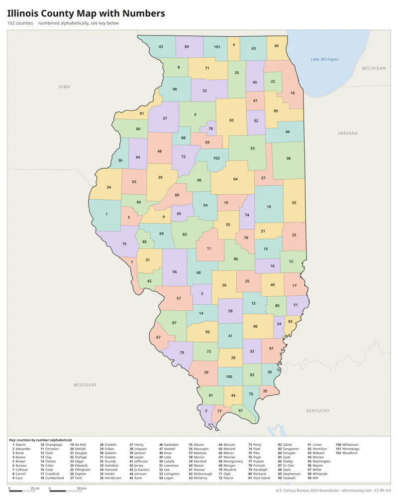 Illinois county map with numbers