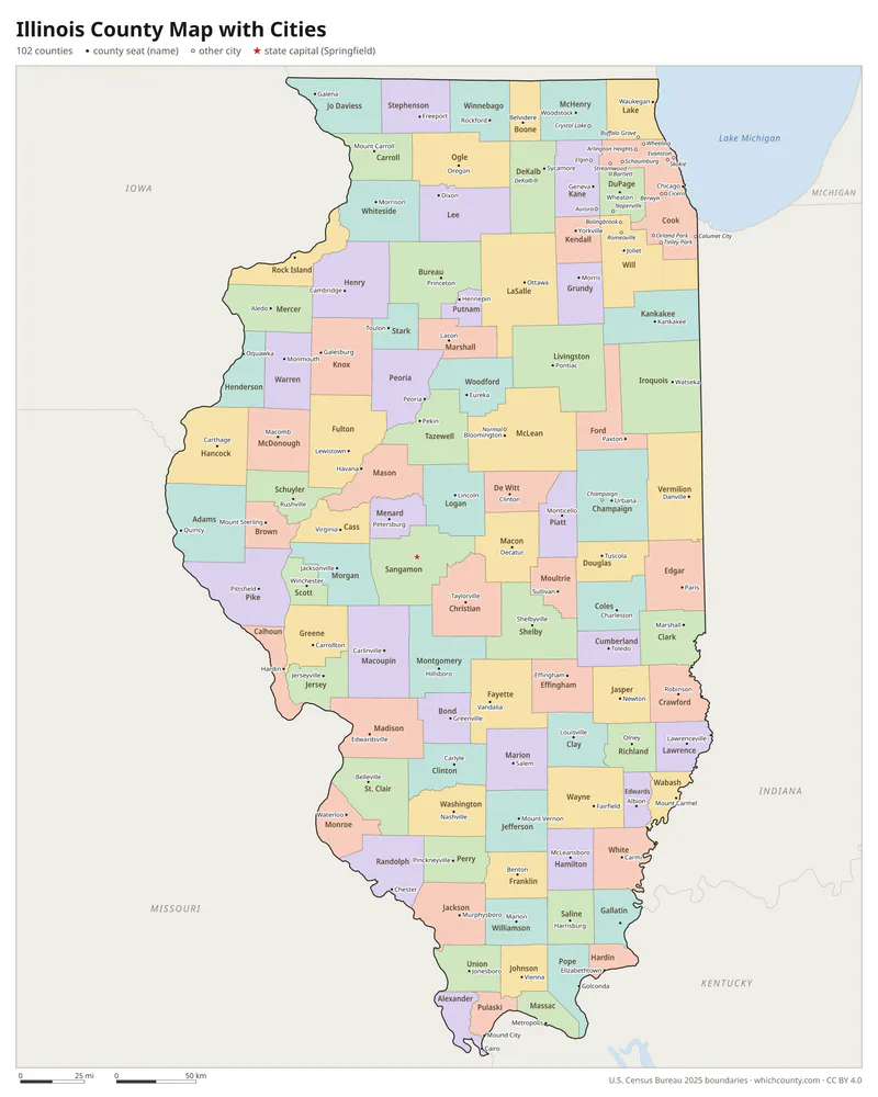 Illinois county map with cities and county seats