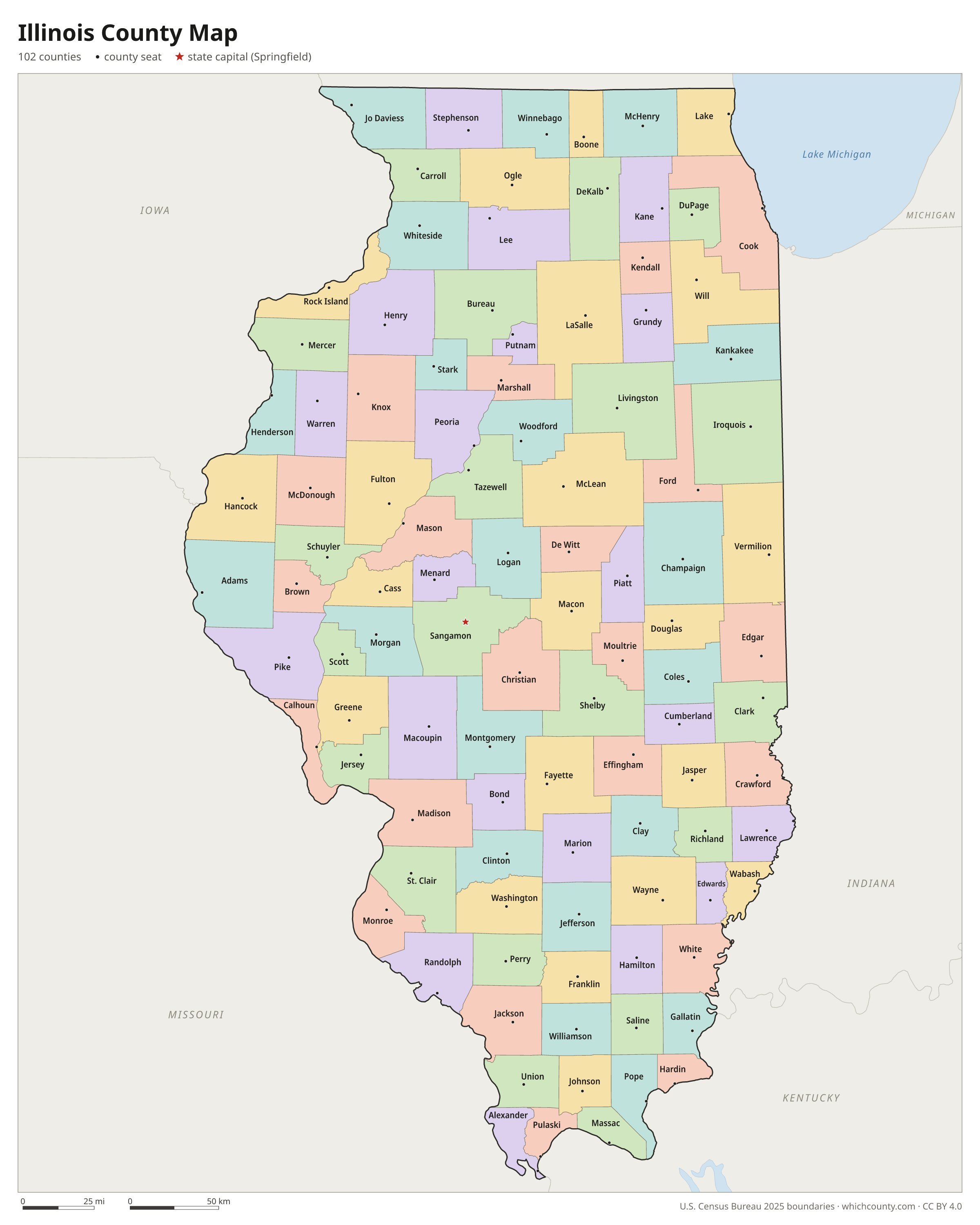 Illinois county map showing all 102 counties with county names and county seats