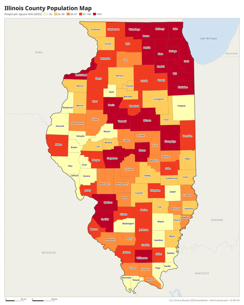 Map of Illinois counties shaded by population density