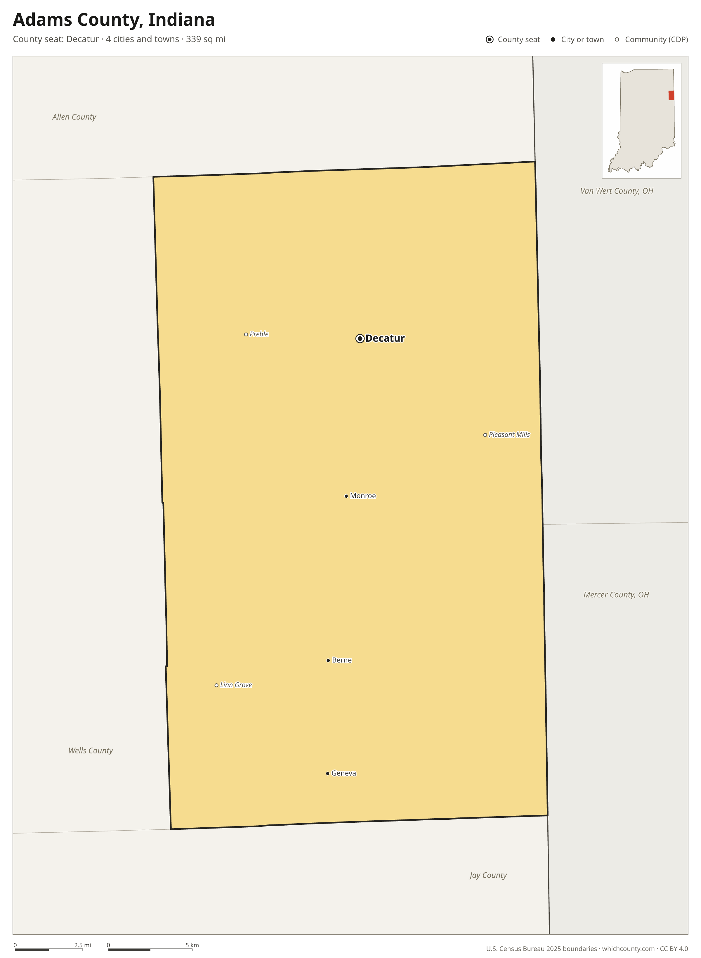 Map of Adams County, Indiana with cities, towns and the county boundary