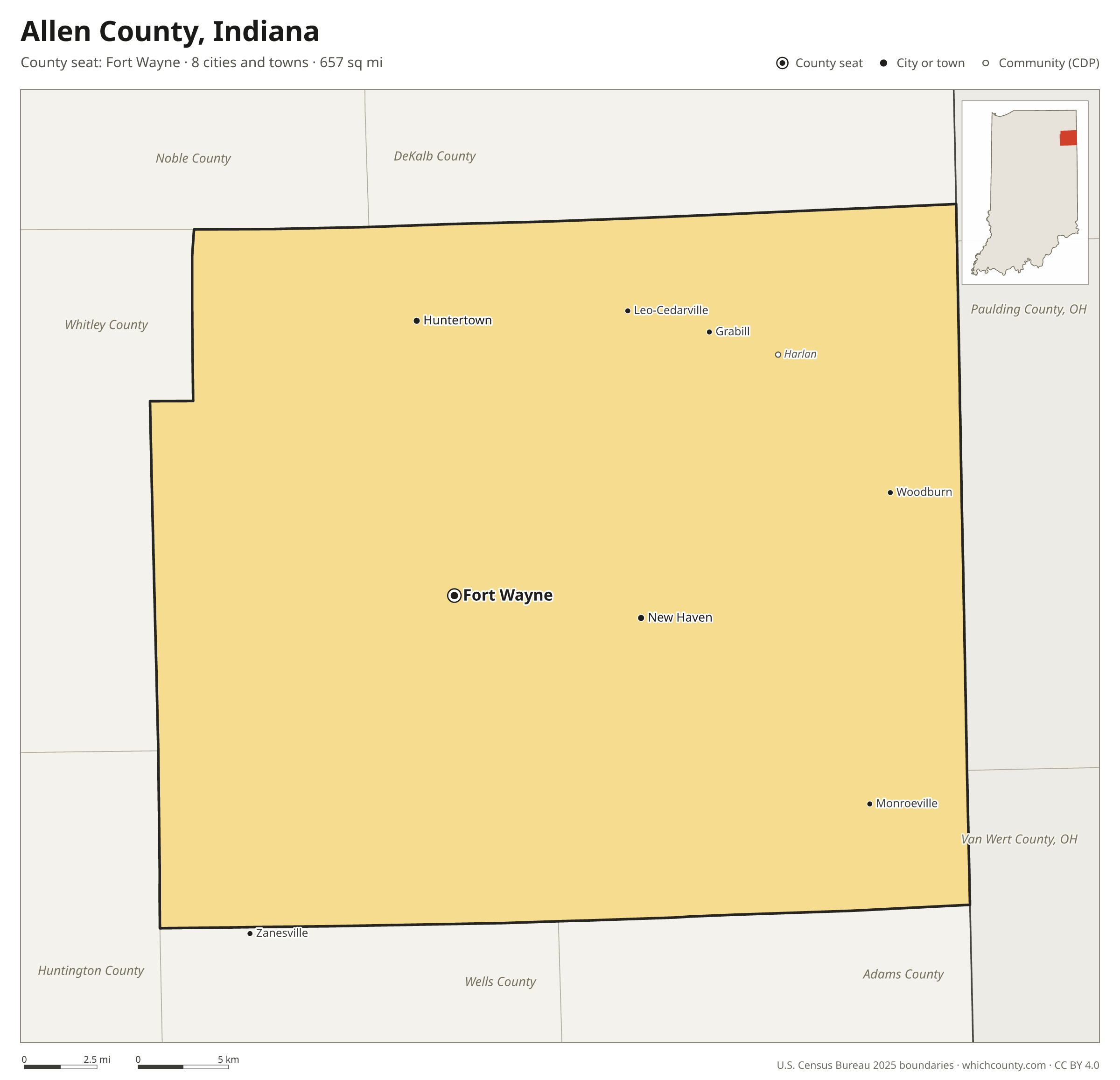 Map of Allen County, Indiana with cities, towns and the county boundary