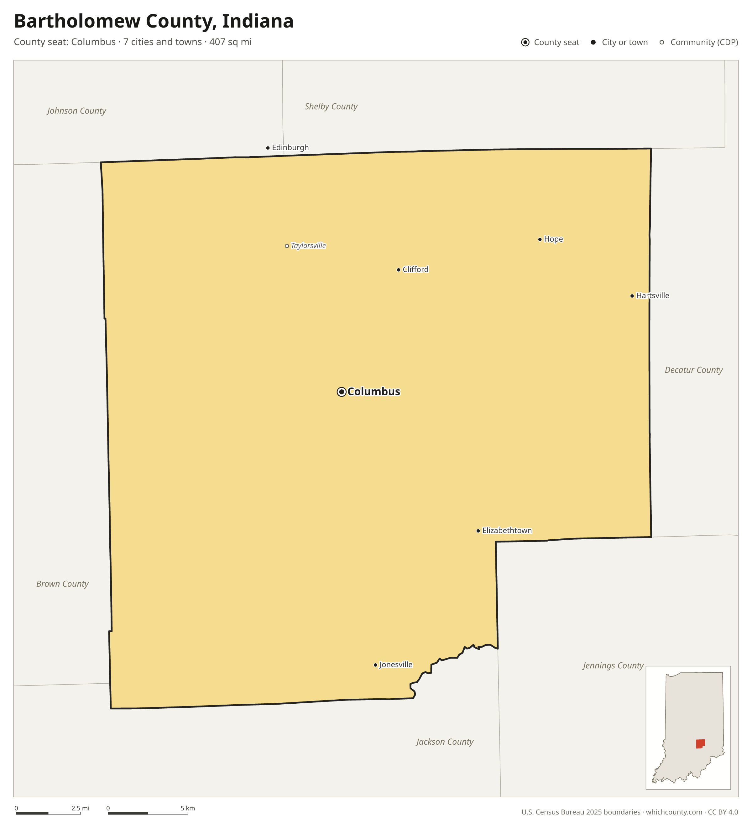 Map of Bartholomew County, Indiana with cities, towns and the county boundary