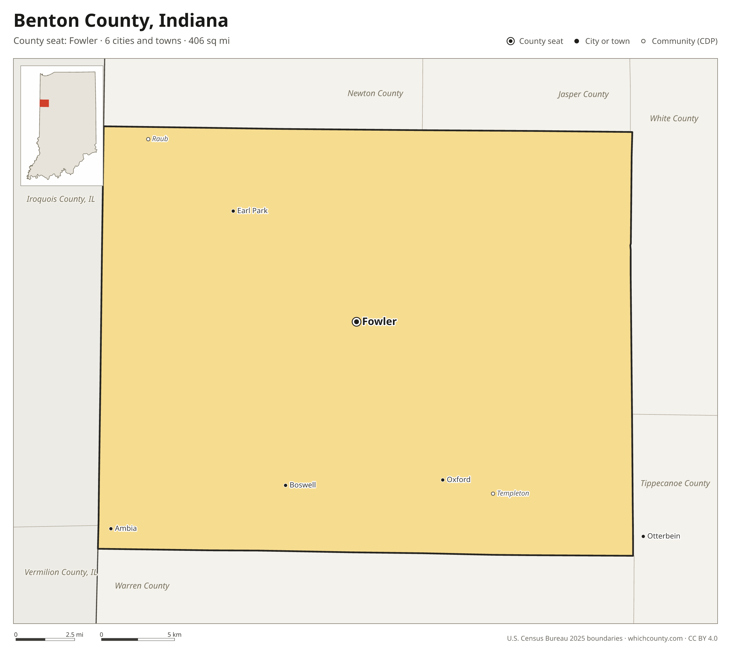 Map of Benton County, Indiana with cities, towns and the county boundary