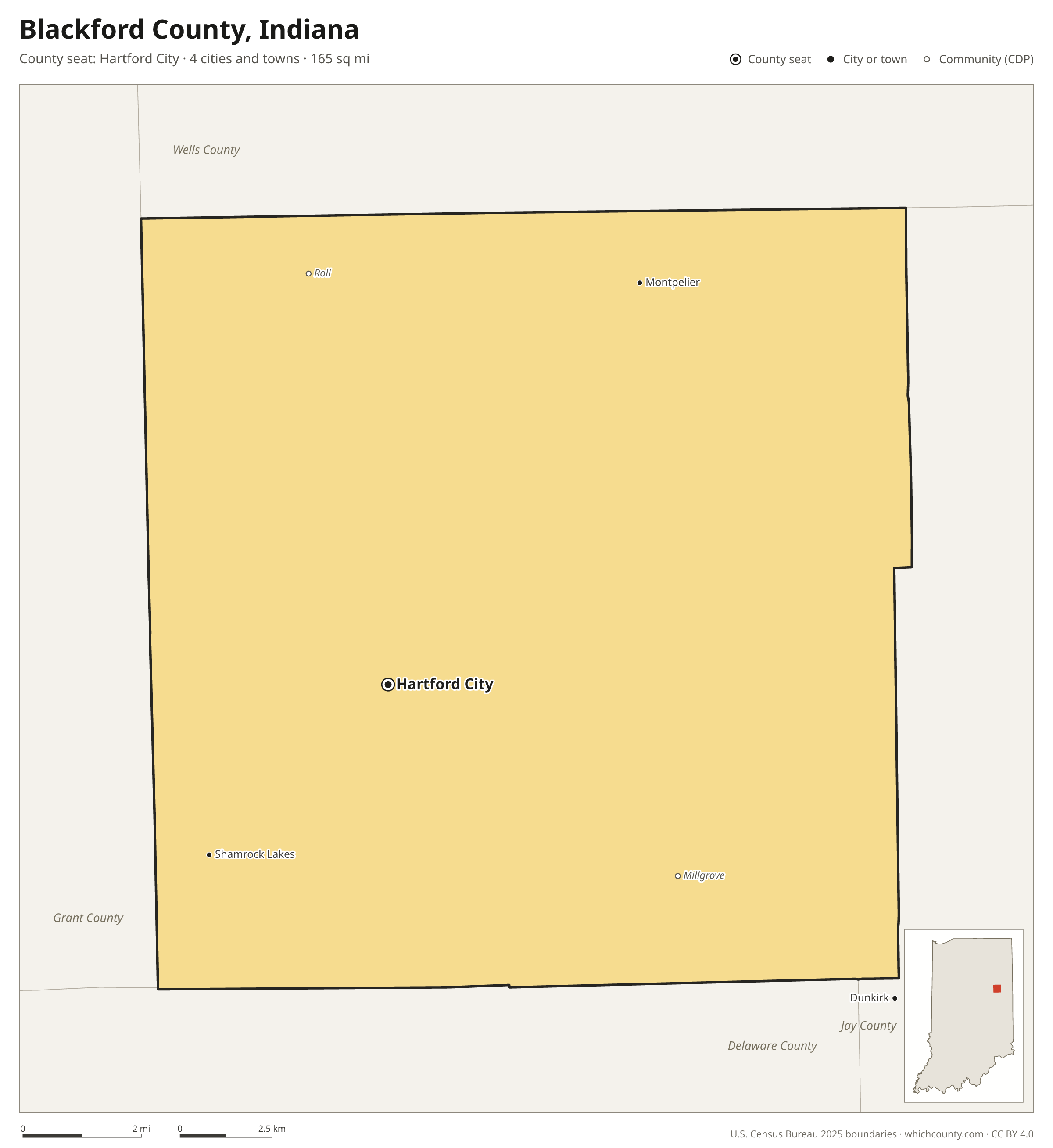 Map of Blackford County, Indiana with cities, towns and the county boundary