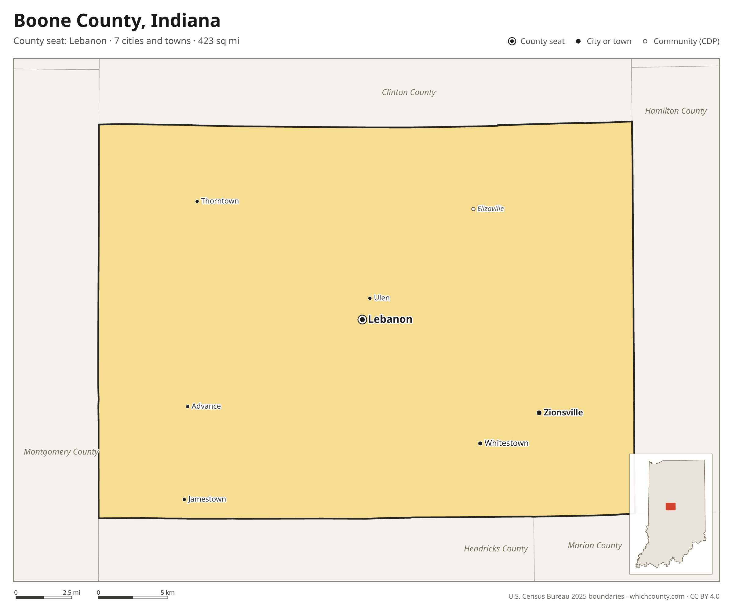 Map of Boone County, Indiana with cities, towns and the county boundary
