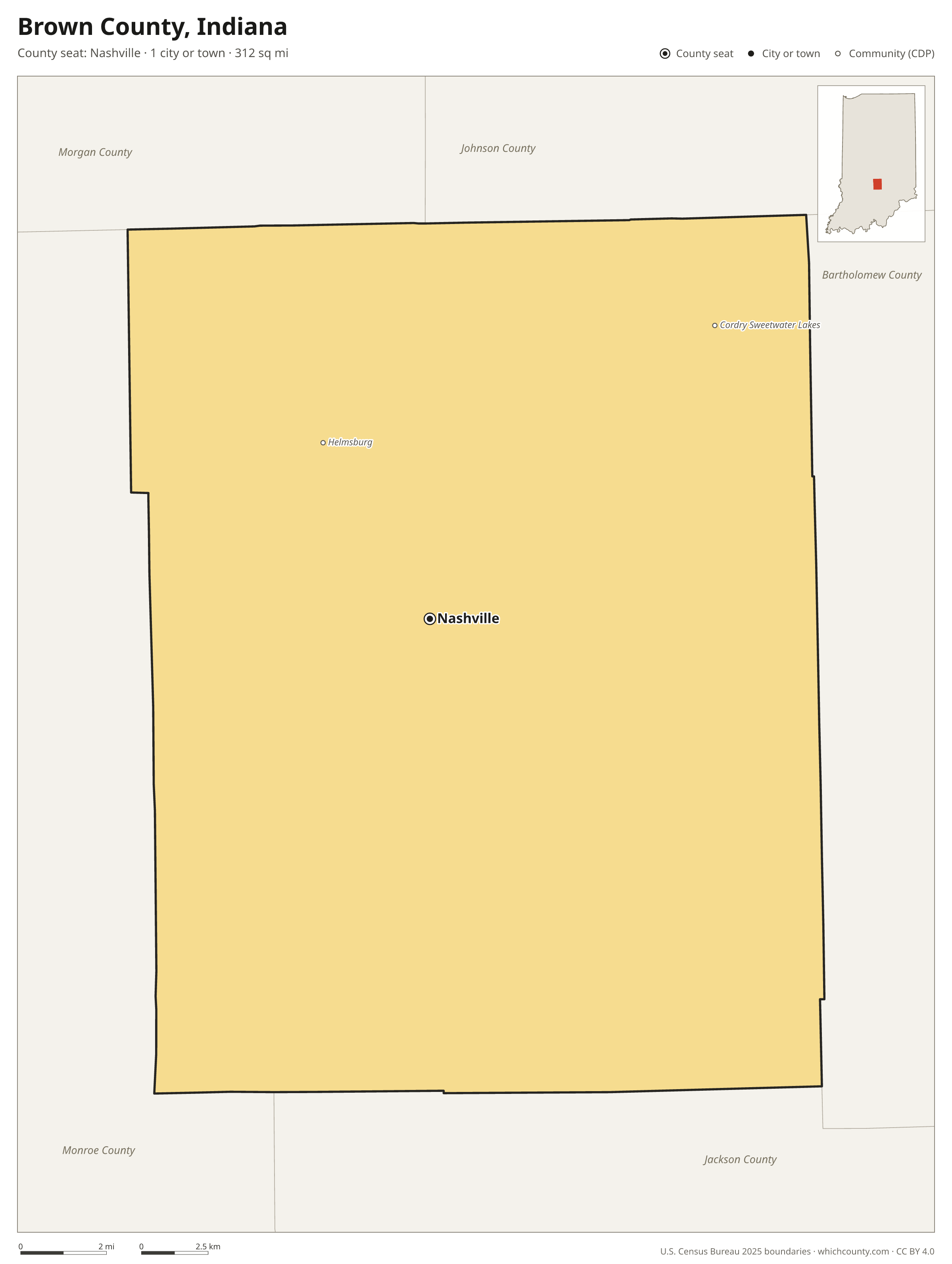 Map of Brown County, Indiana with cities, towns and the county boundary