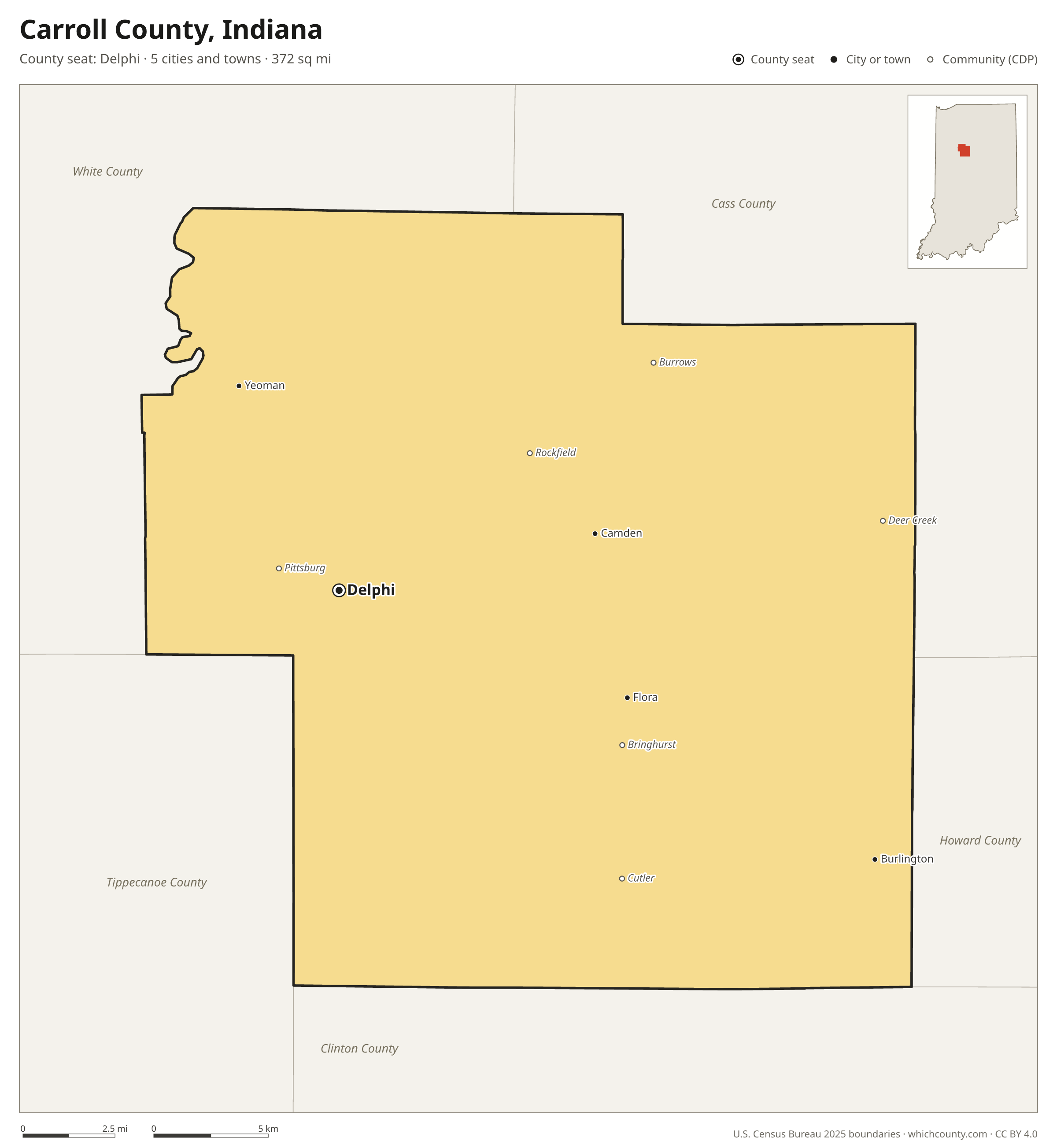 Map of Carroll County, Indiana with cities, towns and the county boundary
