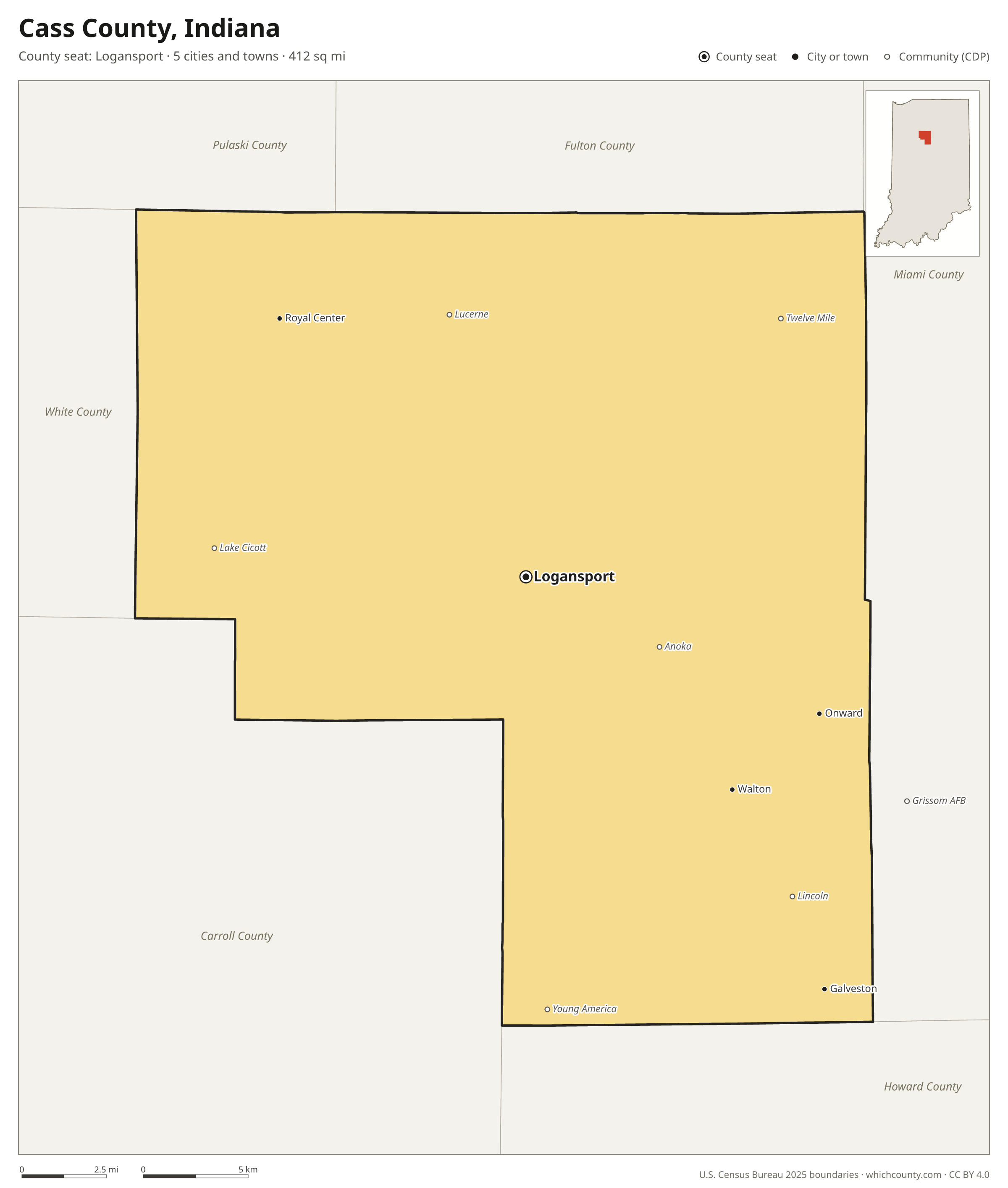 Map of Cass County, Indiana with cities, towns and the county boundary