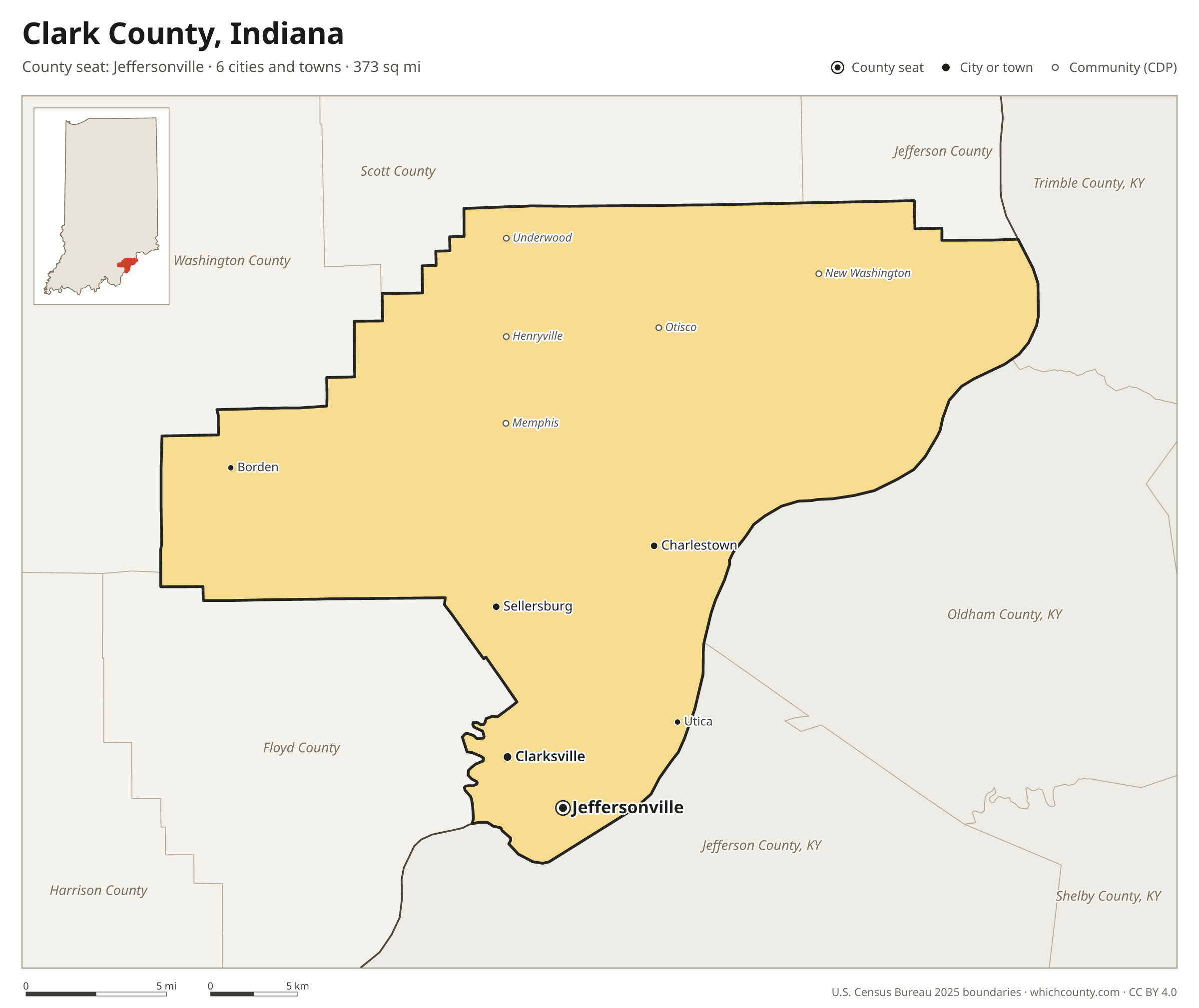 Map of Clark County, Indiana with cities, towns and the county boundary