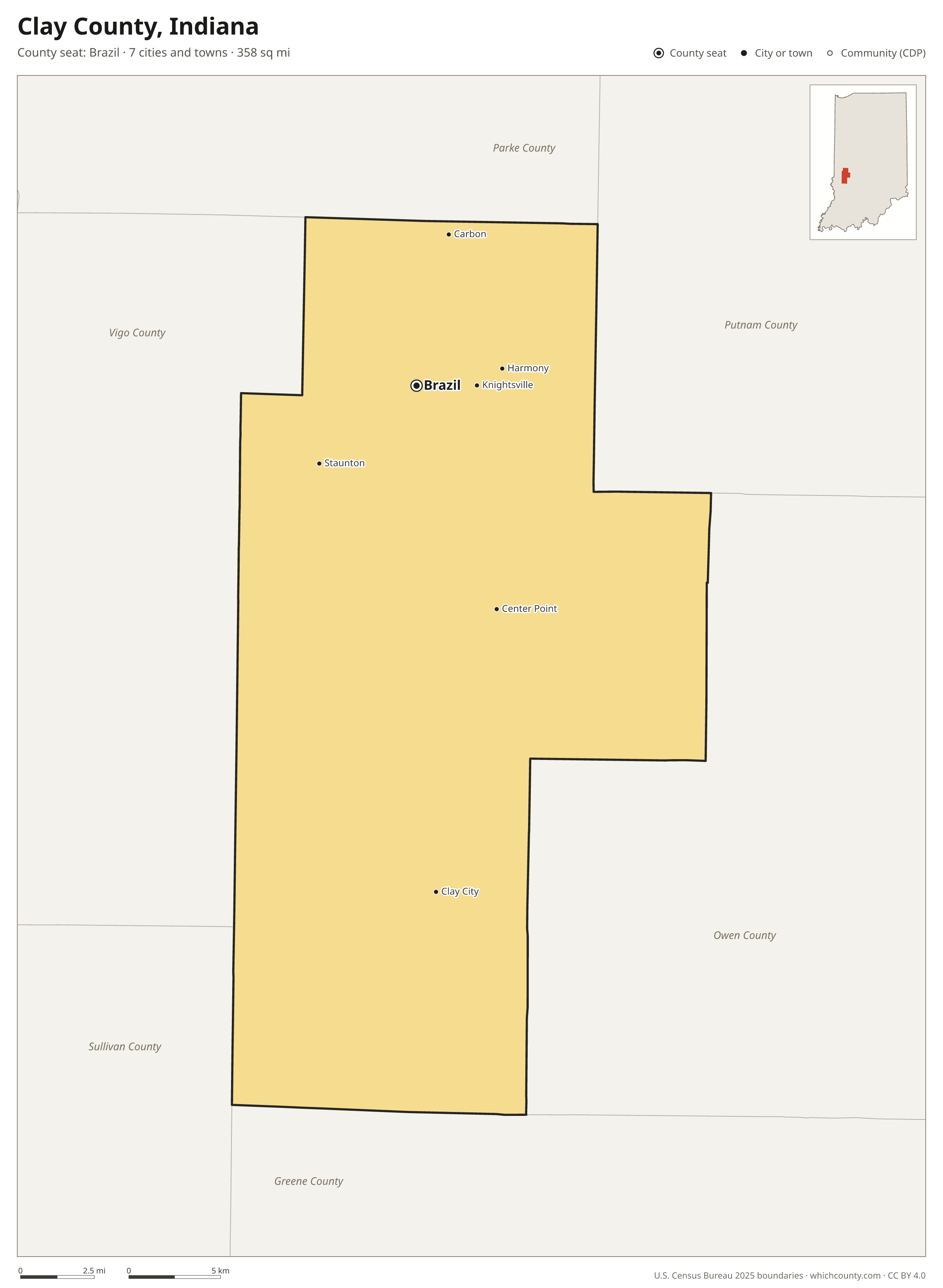 Map of Clay County, Indiana with cities, towns and the county boundary