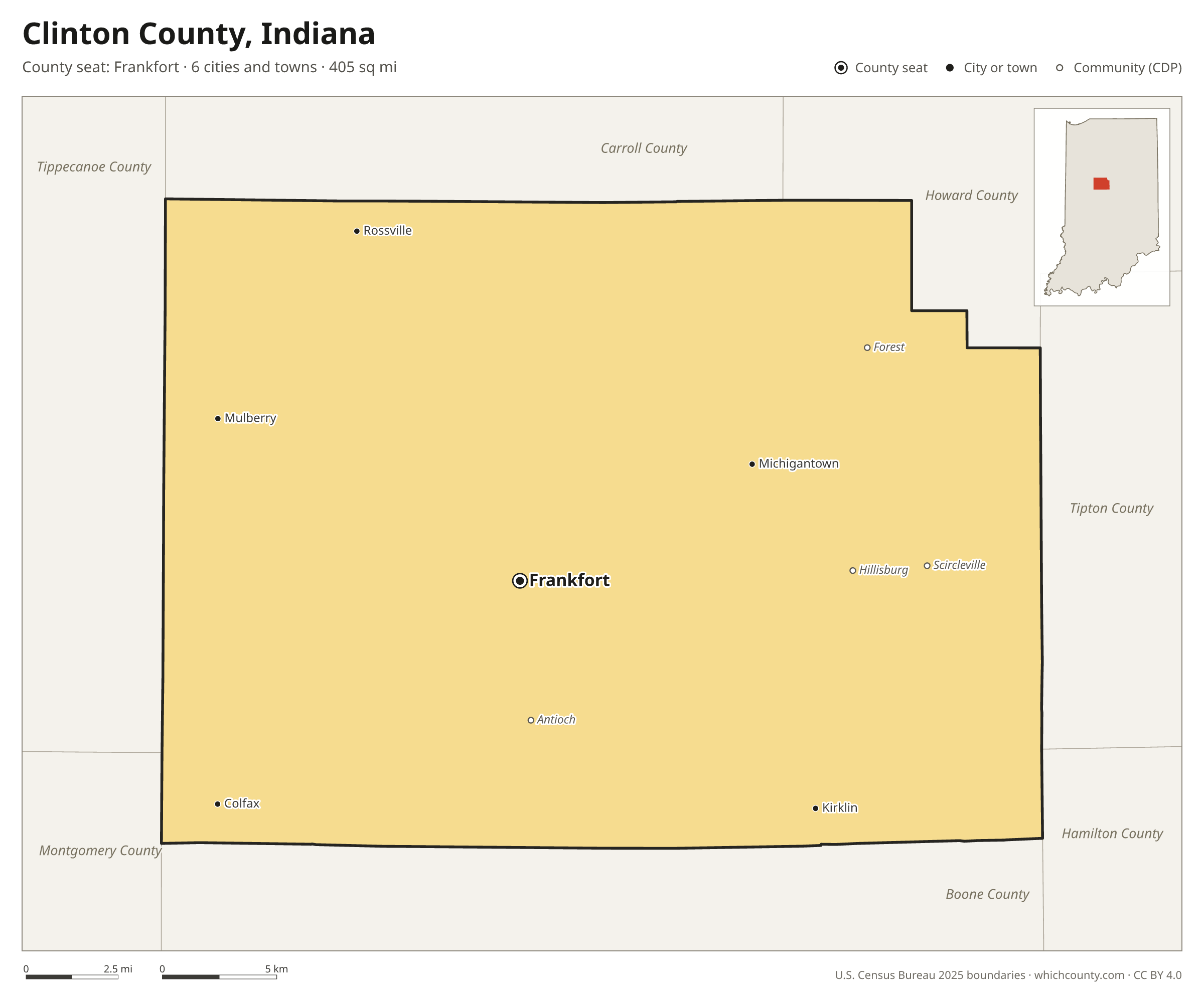 Map of Clinton County, Indiana with cities, towns and the county boundary