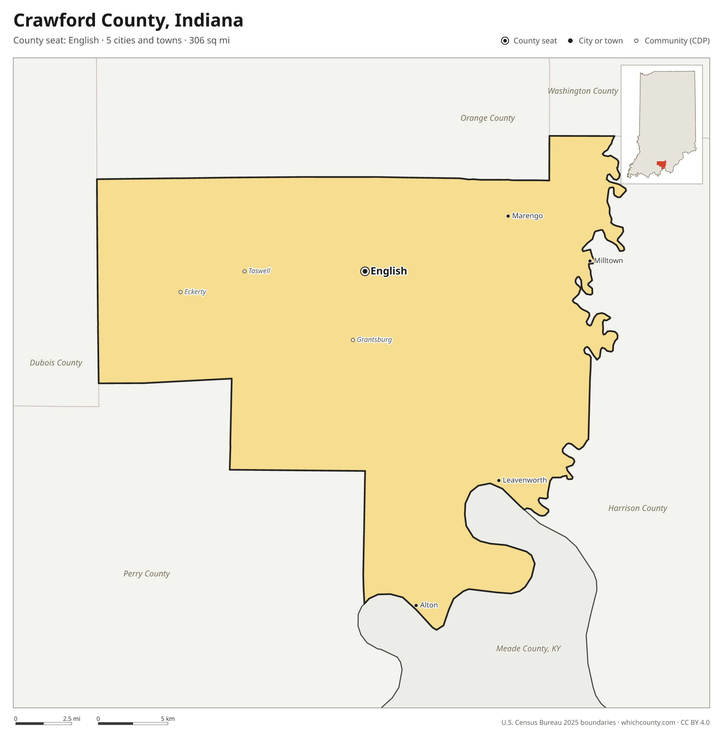 Map of Crawford County, Indiana with cities, towns and the county boundary