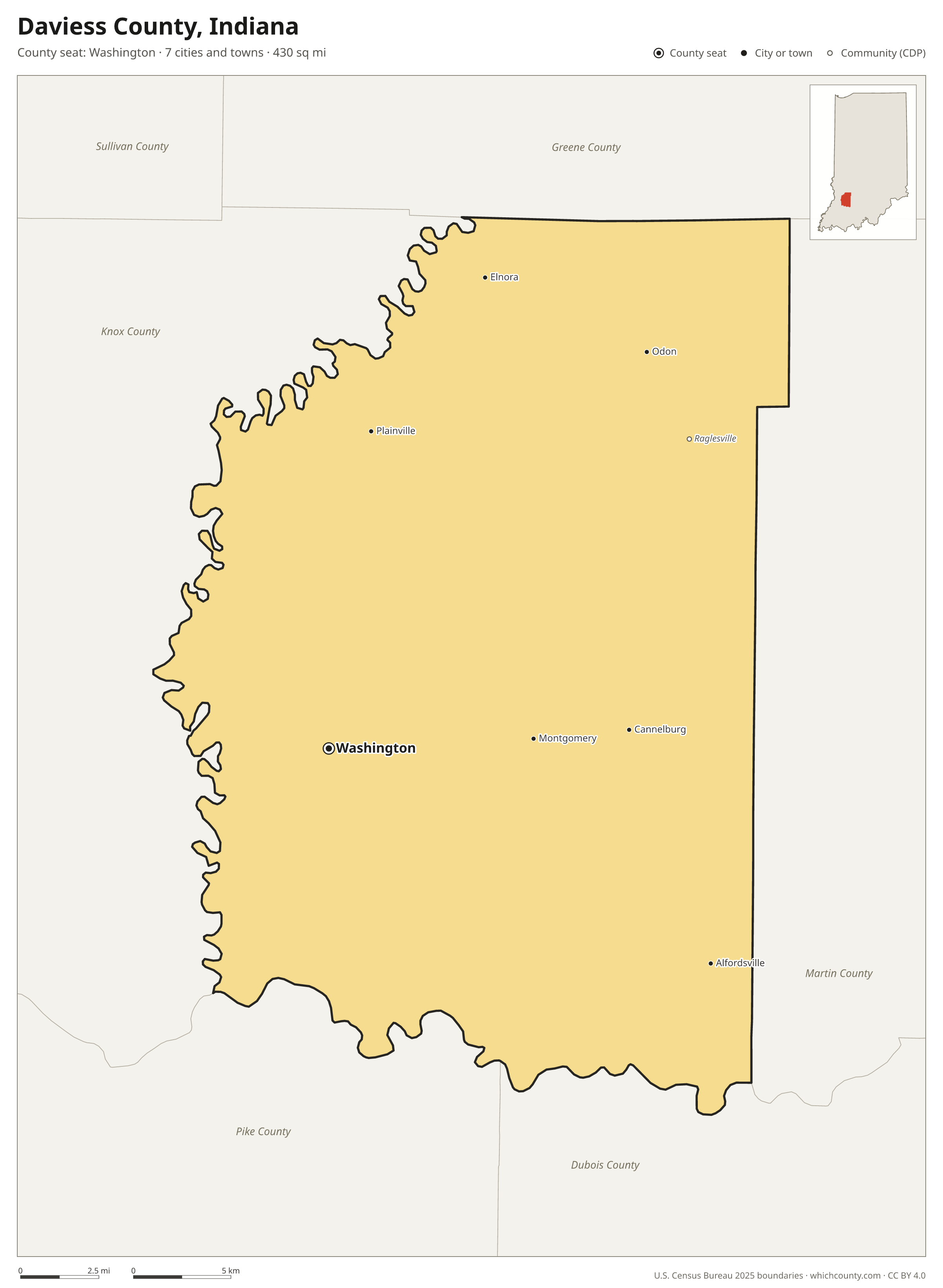 Map of Daviess County, Indiana with cities, towns and the county boundary