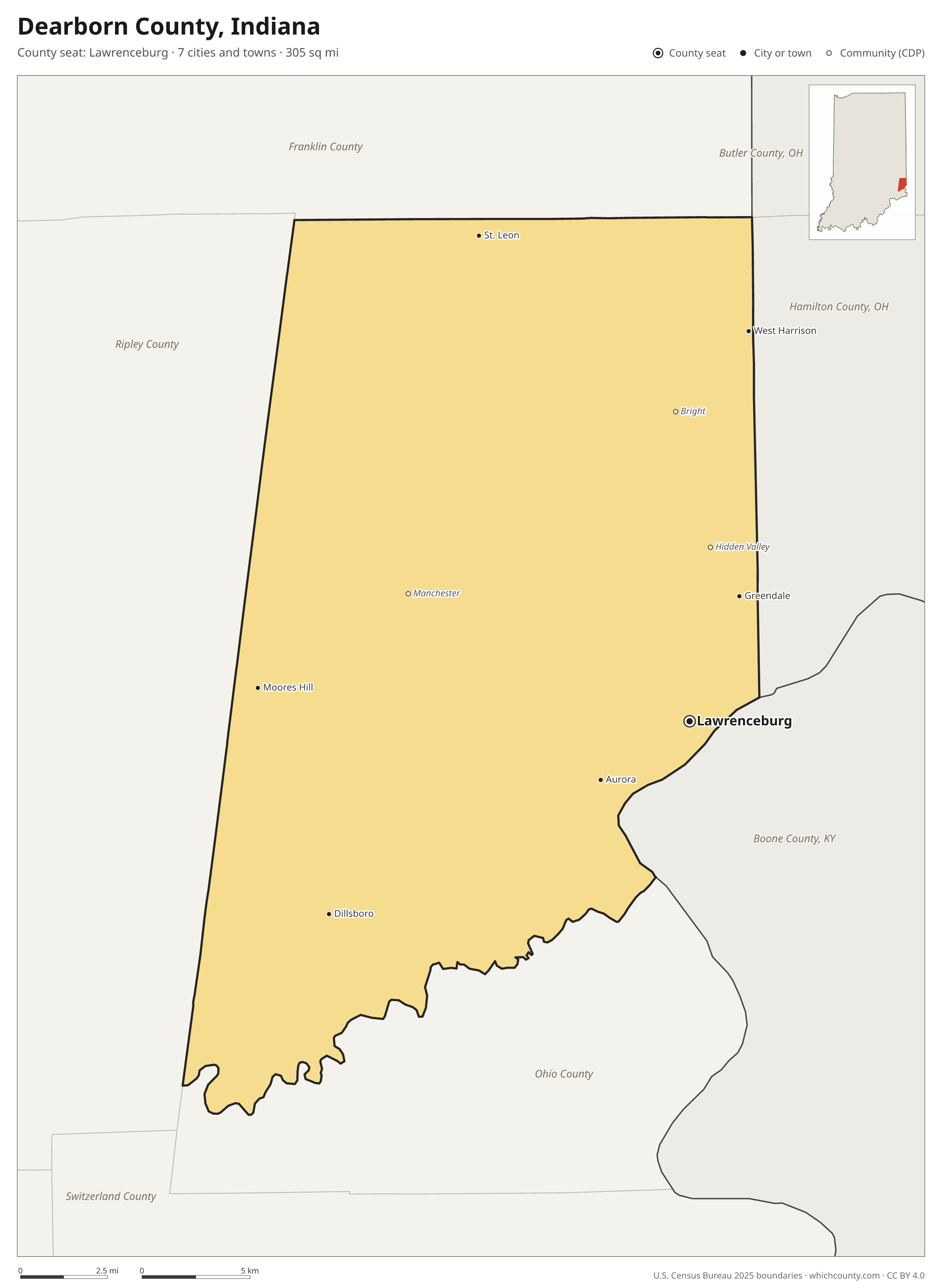 Map of Dearborn County, Indiana with cities, towns and the county boundary