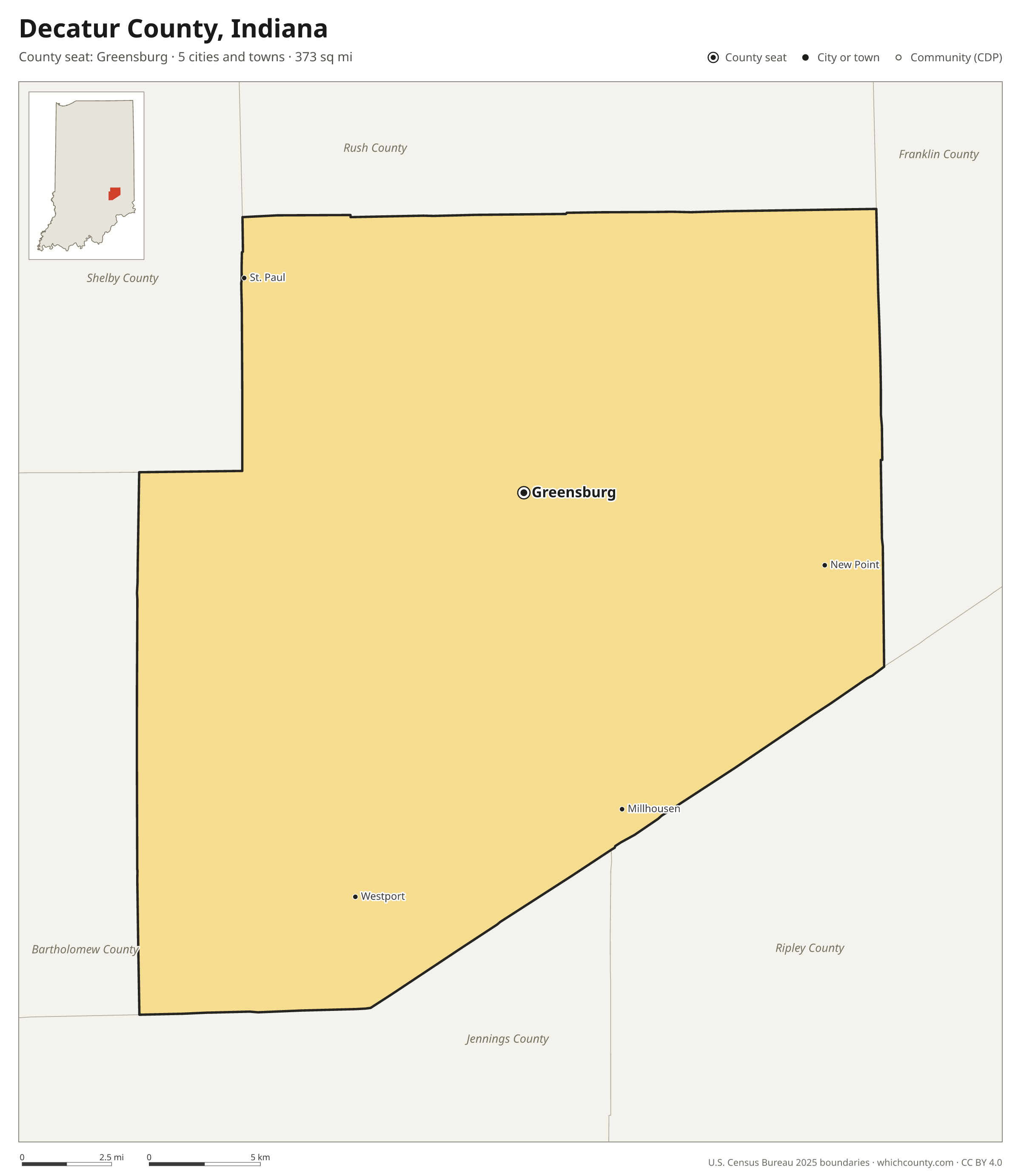 Map of Decatur County, Indiana with cities, towns and the county boundary